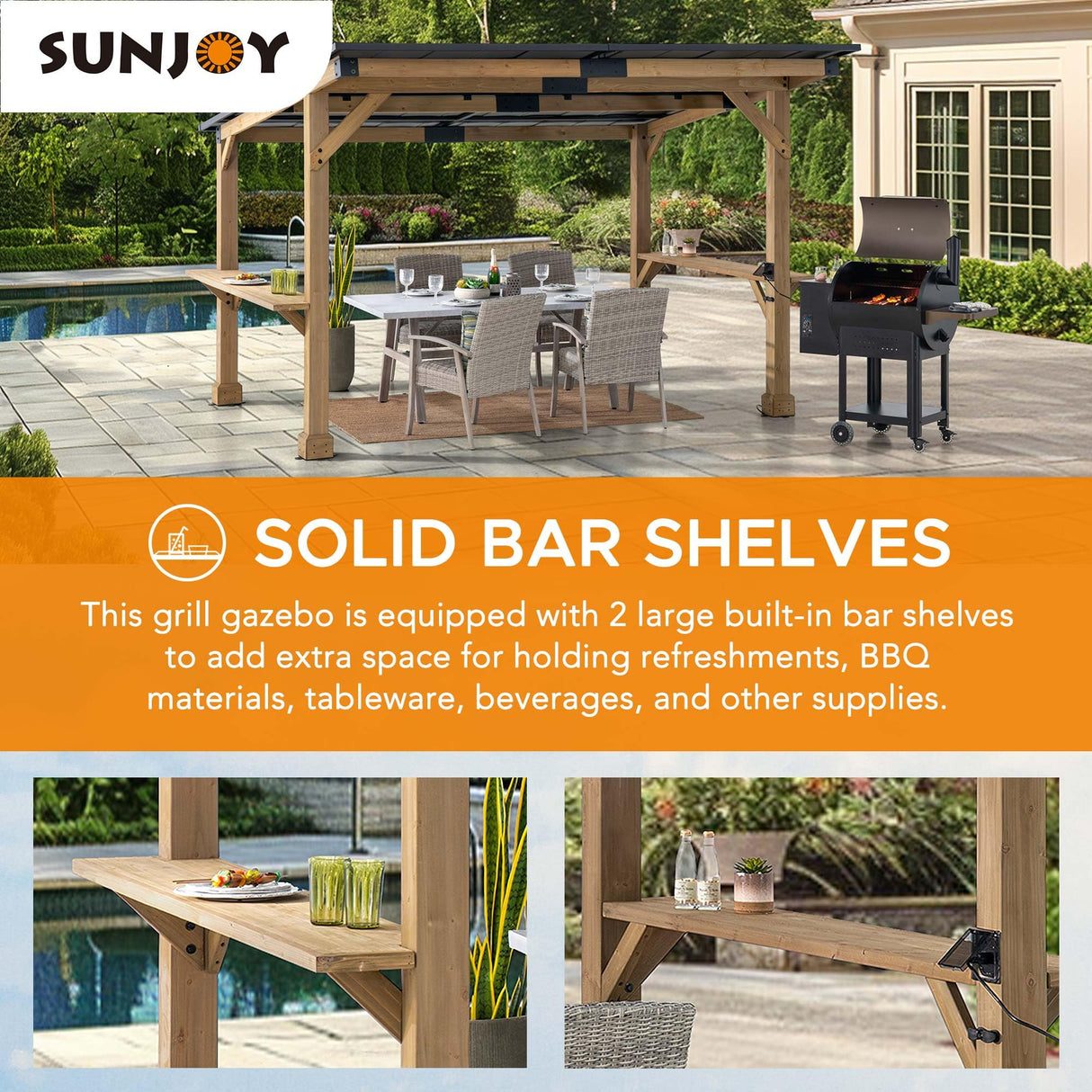 Sunjoy Wooden Grill Gazebo 10 ft. x 12 ft. Outdoor Cedar Frame BBQ Gazebo, Backyard Hot Tub Gazebo with Metal Hardtop Roof, Exclusive PowerPort and Bar Shelves Sunjoy