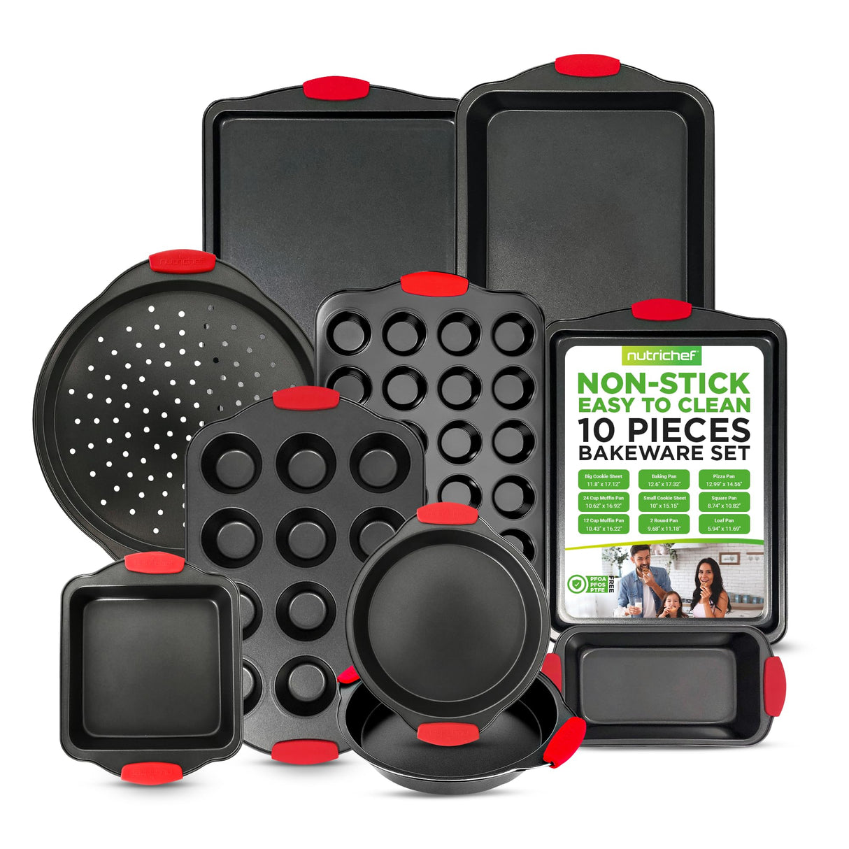 NutriChef Premium 10-Piece Bakeware Set - Flexible Nonstick Carbon Steel, Stylish Red Silicone Handles, Oven Safe Up to 450°F, Dishwasher Safe, Ideal for Baking Cakes, Muffins & More NutriChef