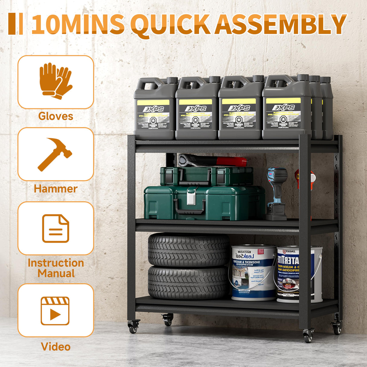 Firstsky Metal Garage Work Bench with Wheels,3-Tier Garage Roling Workbench,Adjustable Black Workshop Bench,Mobile Garage Workstation,Heavy Duty Work Table,33.5''W*17.7''D*31.5”H Tool Table On Wheels Firstsky