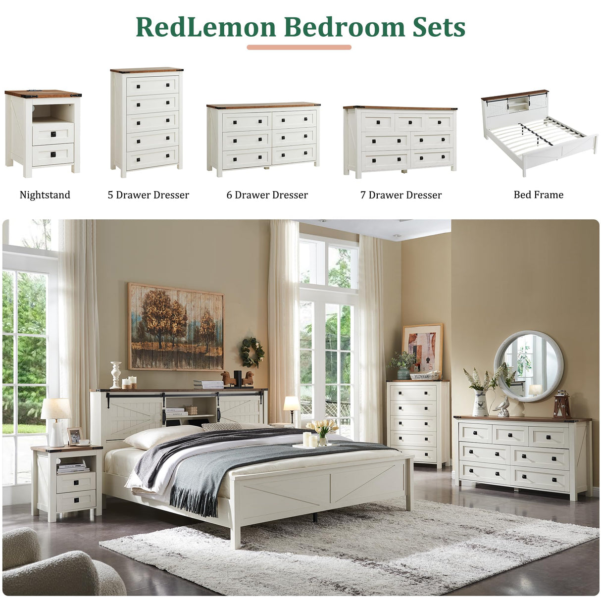 RedLemon Farmhouse Queen Size Bed Frame with Bookcase Headboard, Sliding Barn Door, Storage Cabinet, Charging Station, Wood Slats Support, No Box Spring Needed, Antique White RedLemon