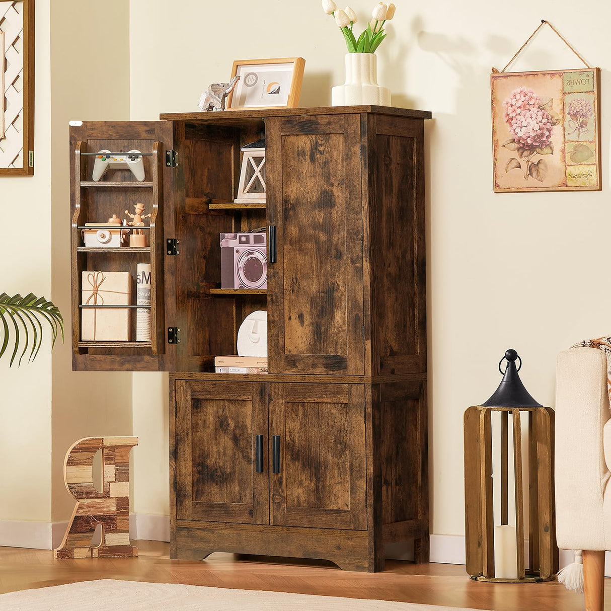 usikey Storage Cabinet with 4 Doors, 43.3" H Farmhouse Kitchen Cabinet with 6 Door Shelves, Kitchen Pantry with 3 Adjustable Shelves, for Living Room, Rustic Brown usikey