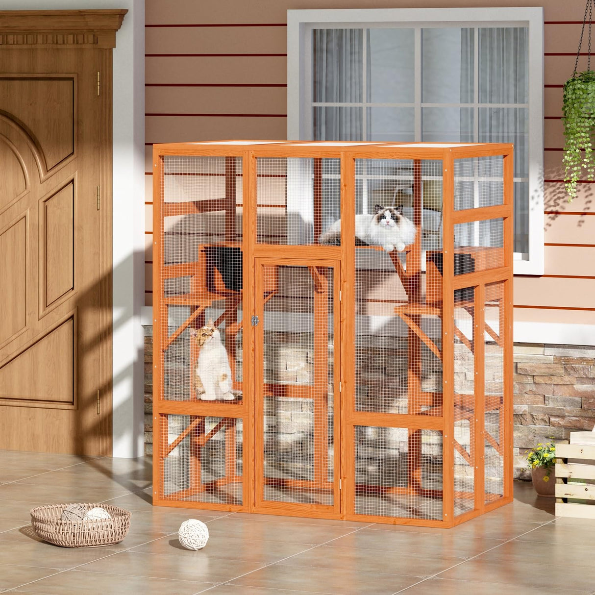 COZIWOW Large Wooden Cat Cage with Perches and Condos, Play & Run Enclosures Indoor Kitty Window Kennel with Waterproof Roof, 7 Platforms & 2 Resting Box, UV Resistant, 62.4"L x 32.4"W x 70"H, Orange COZIWOW