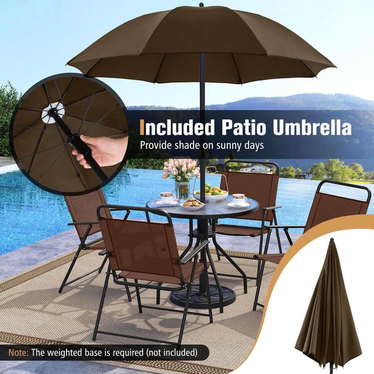 Tangkula 6 Pieces Folding Patio Dining Set, 4 Chairs and 31.5 inches Round Table, Patio Umbrella Included, for Indoor Outdoor Poolside or Balcony (Brown) Tangkula