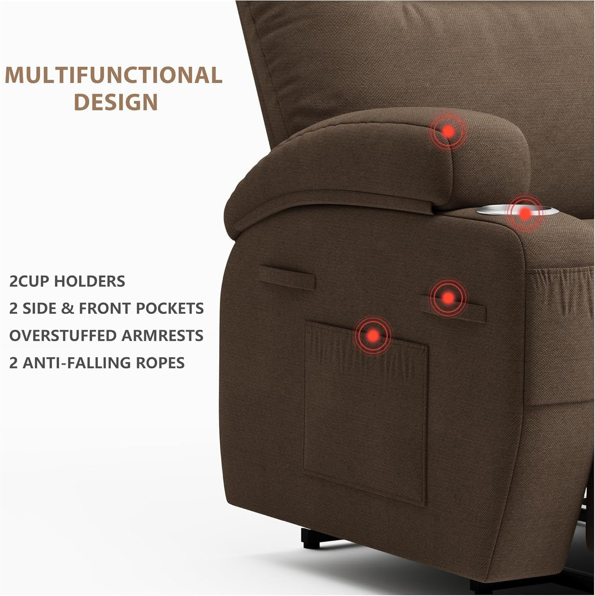 Flamaker Power Lift Chair Massage Recliner Chairs for Elderly - Ergonomic Design with Cup Holders & Side Pockets, Remote Control (Brown) Flamaker