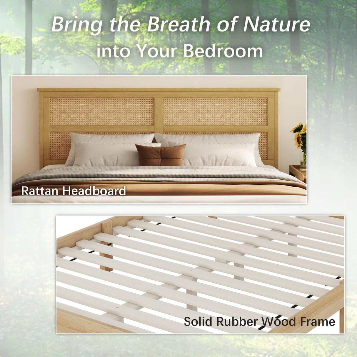 Olodumare Boho King Platform Bed Frame with Rattan Headboard, Modern Natural Bohemian Solid Wood Bed with 2 Under Bed Storage Drawers, Squeak-Free, No Box Spring Needed, Easy Assembly, Honey Oak Olodumare