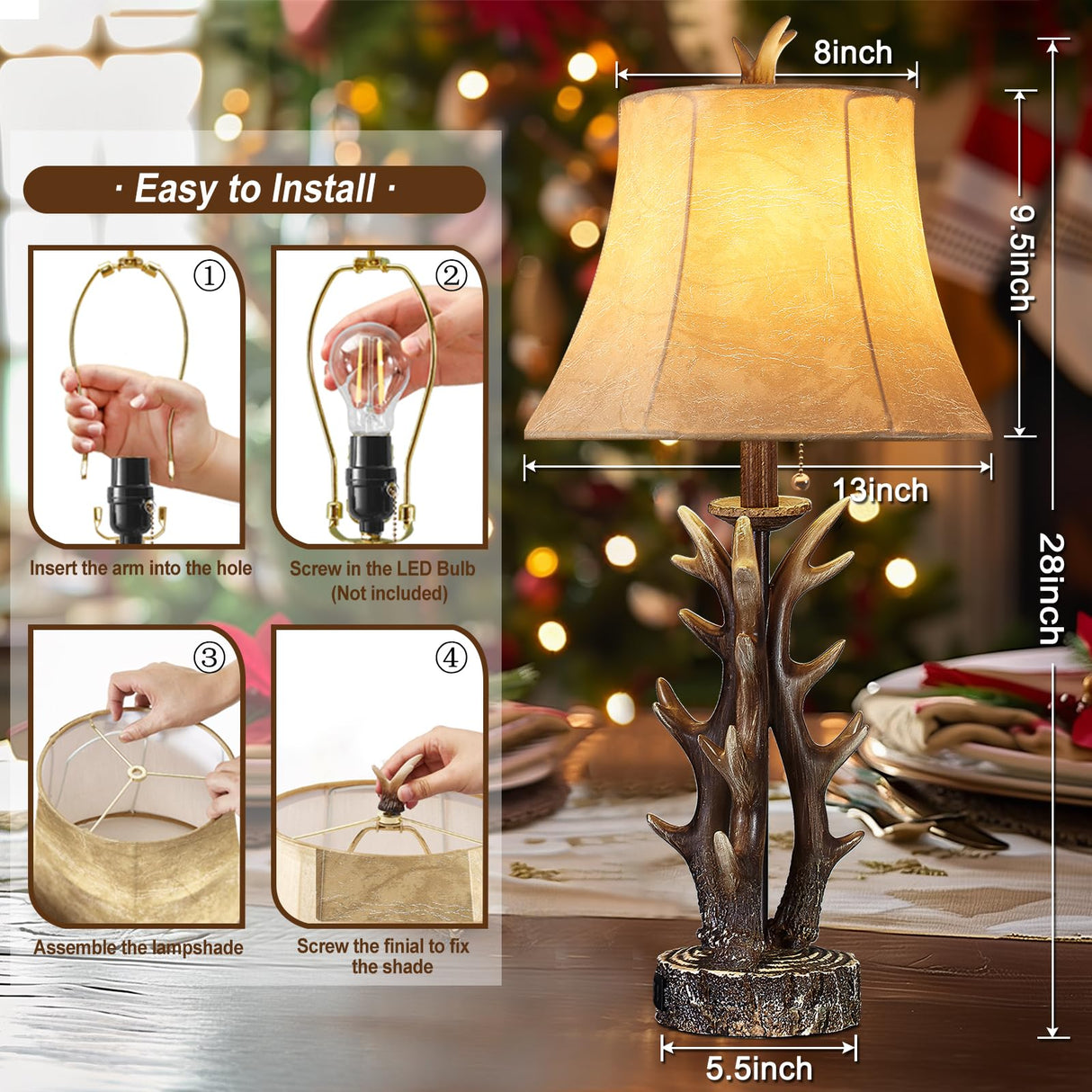 Antler Table Lamps Set of 2 with USB A+C Ports 28" Tall Rustic Farmhouse Deer Bedside Lamps with Faux Leather Bell Shade for Bedroom Living Room Office Decor Western Cabin End Table Lamp, Pull Chain BOOUCUU