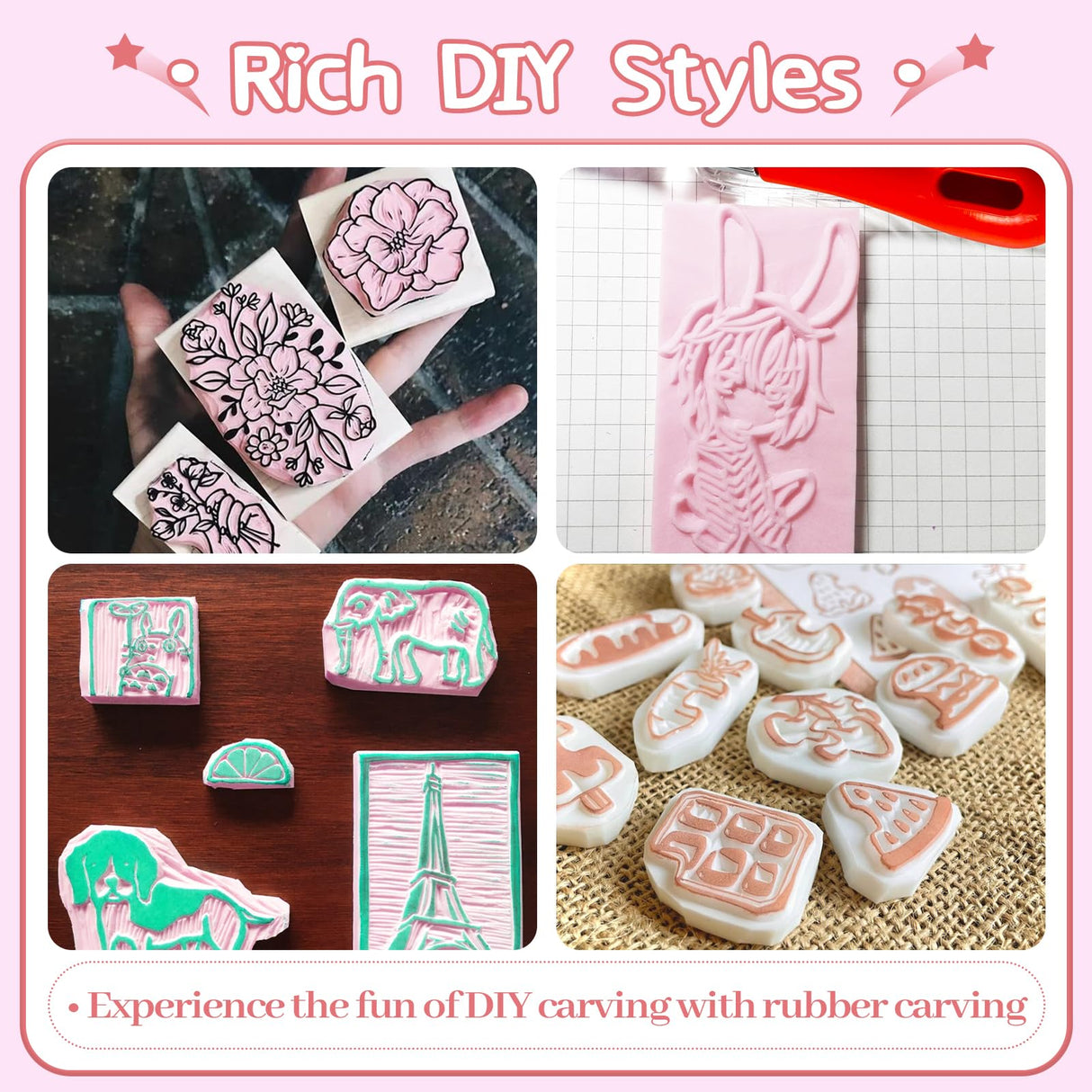 4 Pack Rubber Block Stamp Carving Blocks,Rubber Carving Linoleum Blocks with Cutter Tools,Rubber Brayer Roller for Stamp Maker,Printmaking and More Crafts Xeehwb