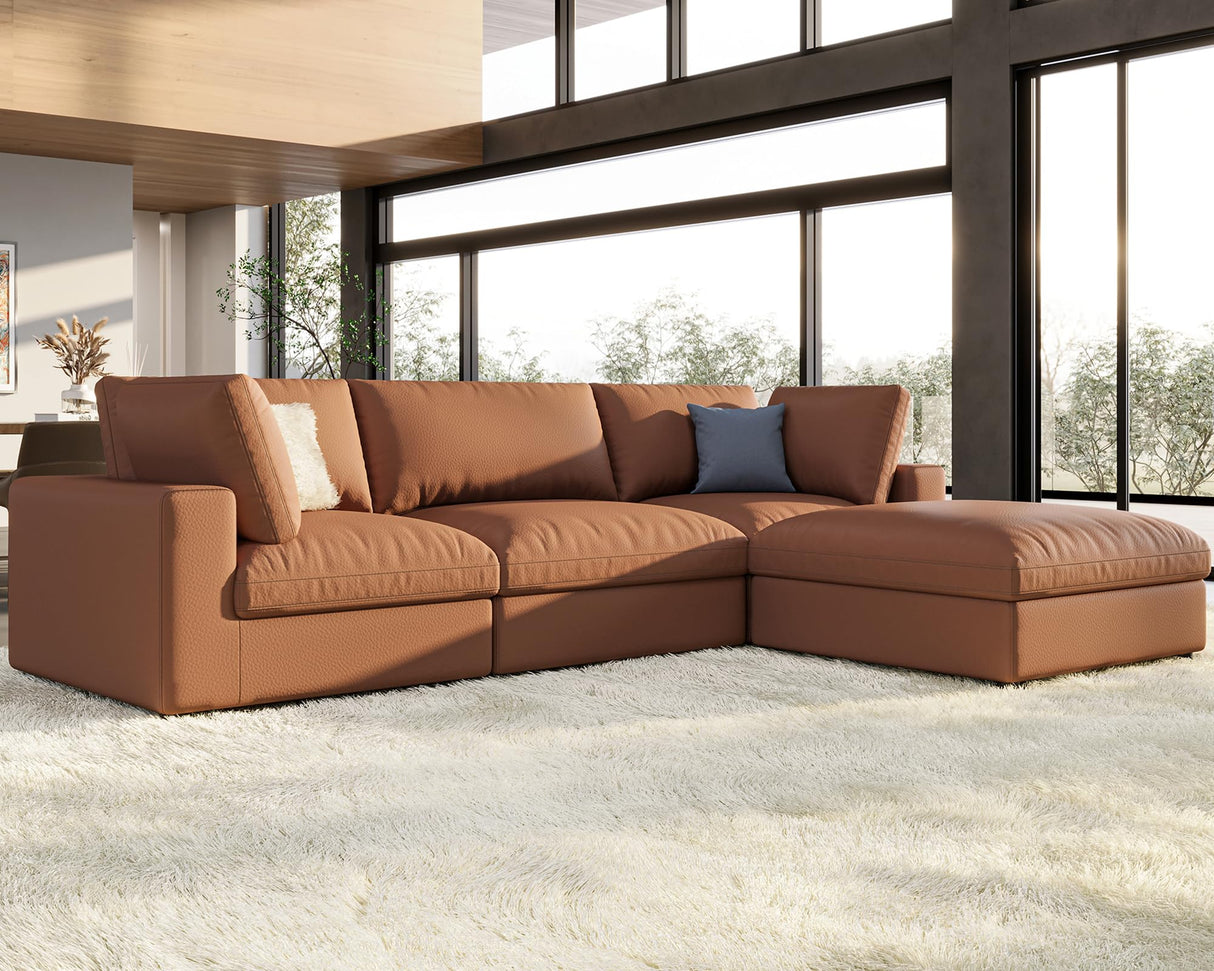 PaPaJet Modular Sectional Sofa, 114 Inches Down Filled Sectional Sofa, 4 Seats L Shaped Cloud Couch with Chaise, Ottoman, Oversized Sofa for Living Room Apartment, Brown Anti-Scratch Leathaire Couch PaPaJet