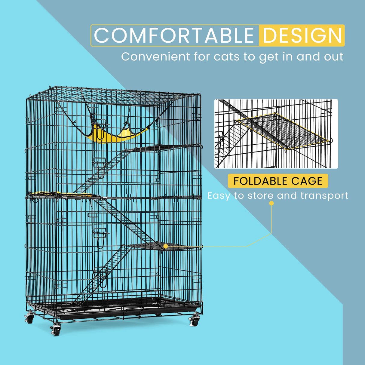 VIVOHOME 4-Tier 49 Inch Collapsible Metal Cat Kitten Ferret Cage 360° Rotating Casters Enclosure Pet Playpen with Ramp Ladders Hammock and Bed Black VIVOHOME