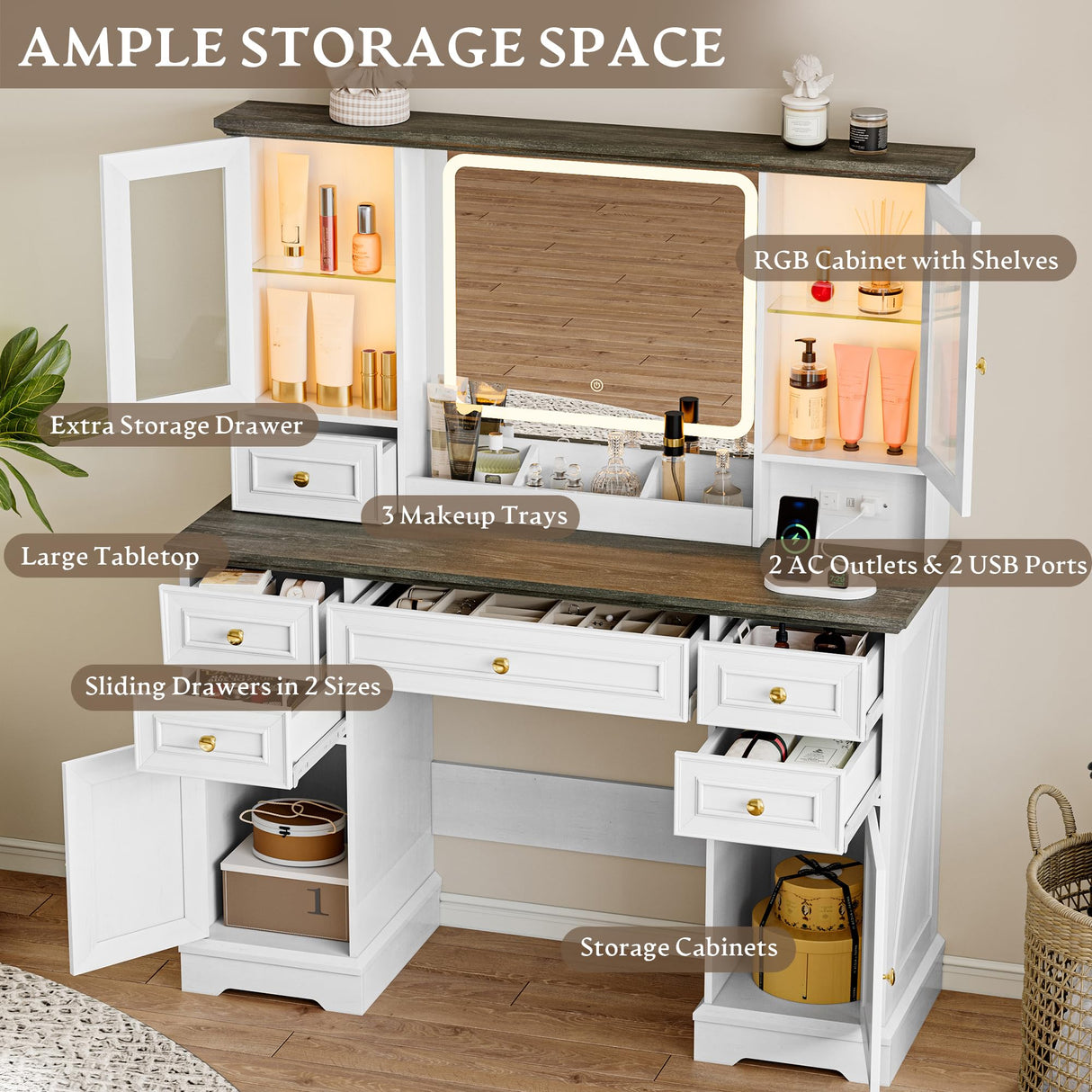 Vanity Desk with HD Lighted Mirror & Power Outlet, Farmhouse Makeup Vanity Table Set with Storage Drawers & RGB Cabinets, Large Dressing Table with 3 Lighting Modes for Women Girls Kids Bedroom, White Xixini