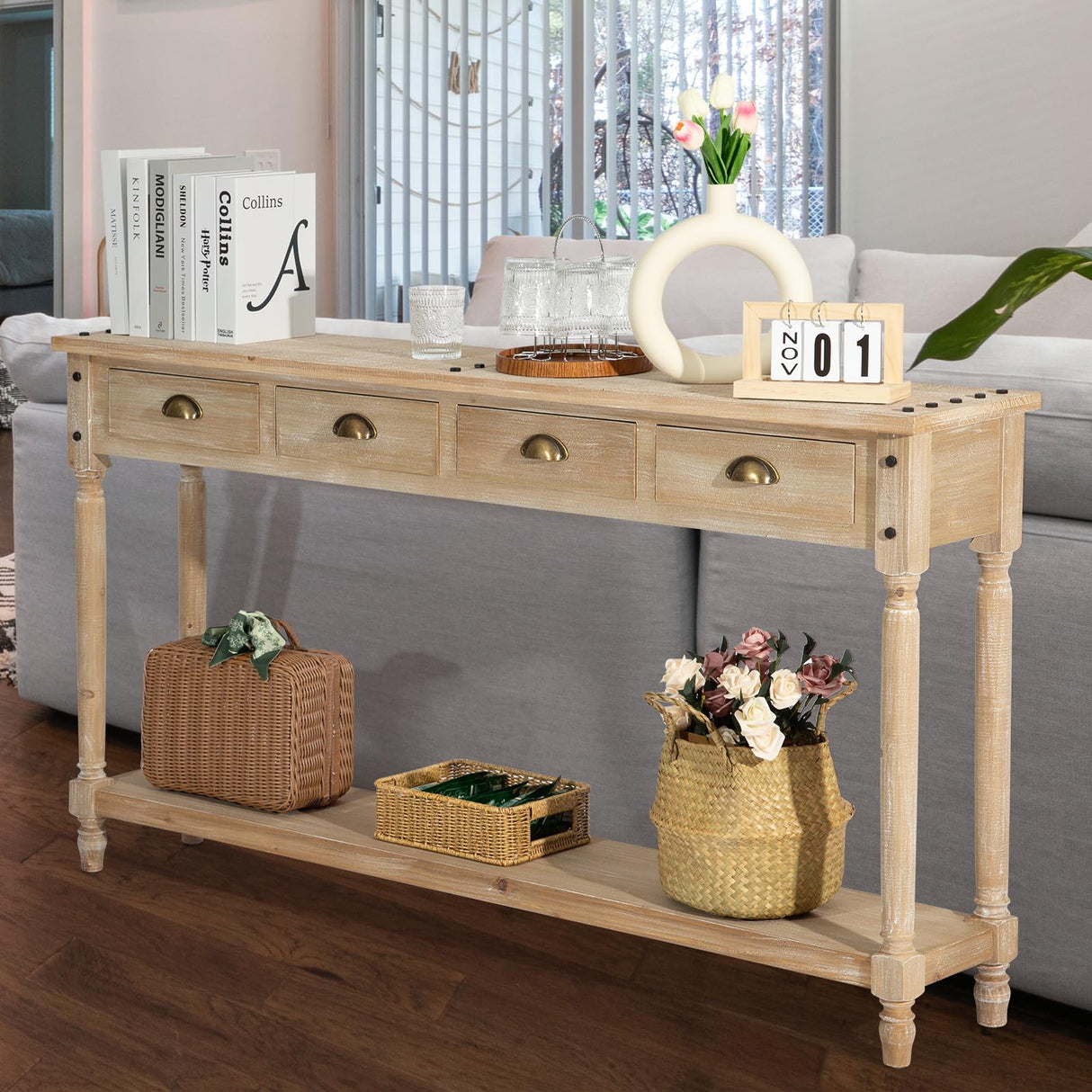Wnutrees Farmhouse Console Table with 4 Drawers, 60" Long Narrow Boho Sofa Foyer Table with Large Storage Space, Solid Wood Frame and Legs for Wnutrees