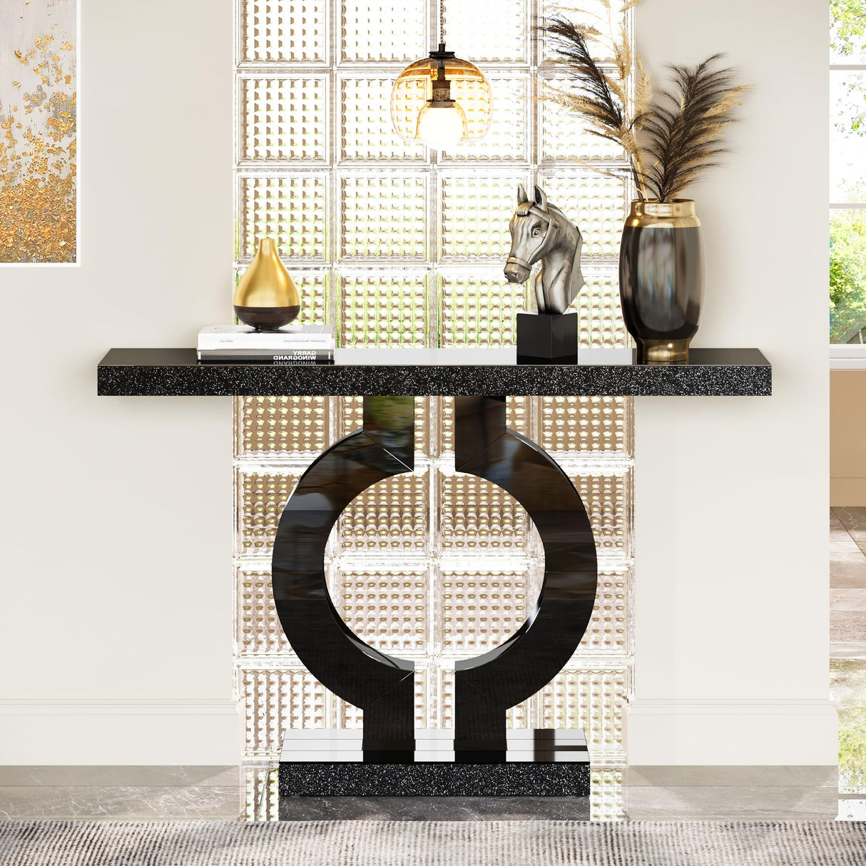 Tribesigns Modern Mirrored Console Table, Glass Sofa Table with Mirror Finish, 43-Inch Entryway Table with O-Shaped Base, Rectangular Accent Foyer Table for Living Room Hallway Entrance (Black) Tribesigns