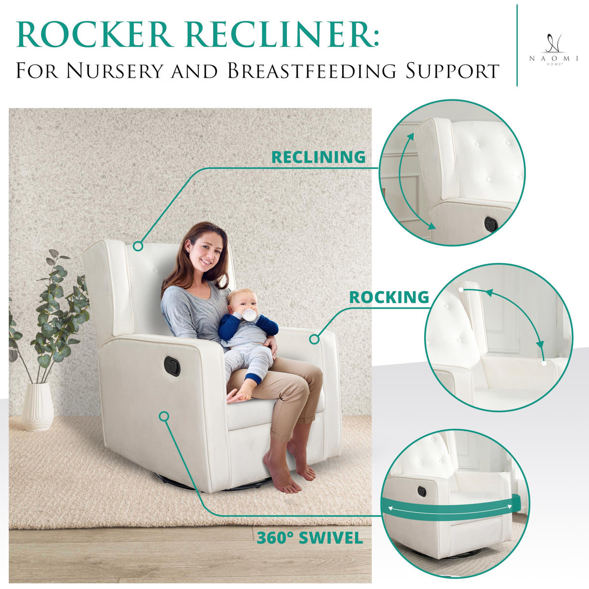Naomi Home Bond with Your Baby Relax in Style with Odelia 360 Swivel Glider Rocker Recliner Nursery Breastfeeding Maternity Chair Plush Cushioning Soothing Rocking Motion Microfiber - Bright White Naomi Home