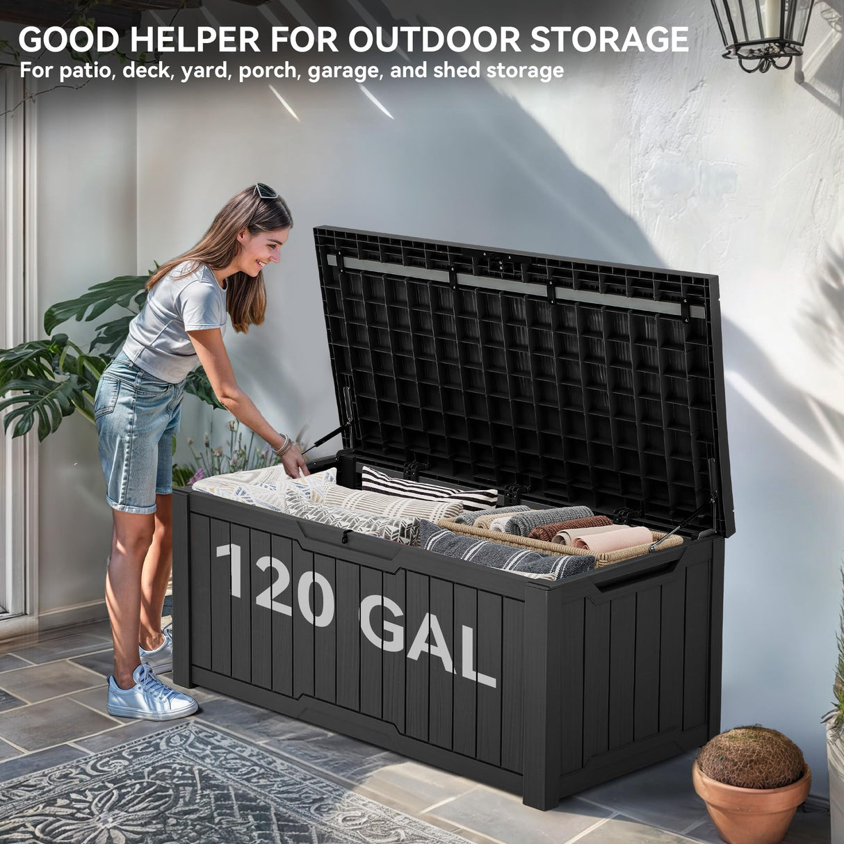 YITAHOME 120 Gallon Resin Deck Box, Weather Resistant Outdoor Storage Box for Patio Cushions, Garden Tools, Pool Supplies, Lockable, Easy Assembly, Extra Seat or Table (Dark Gray) YITAHOME