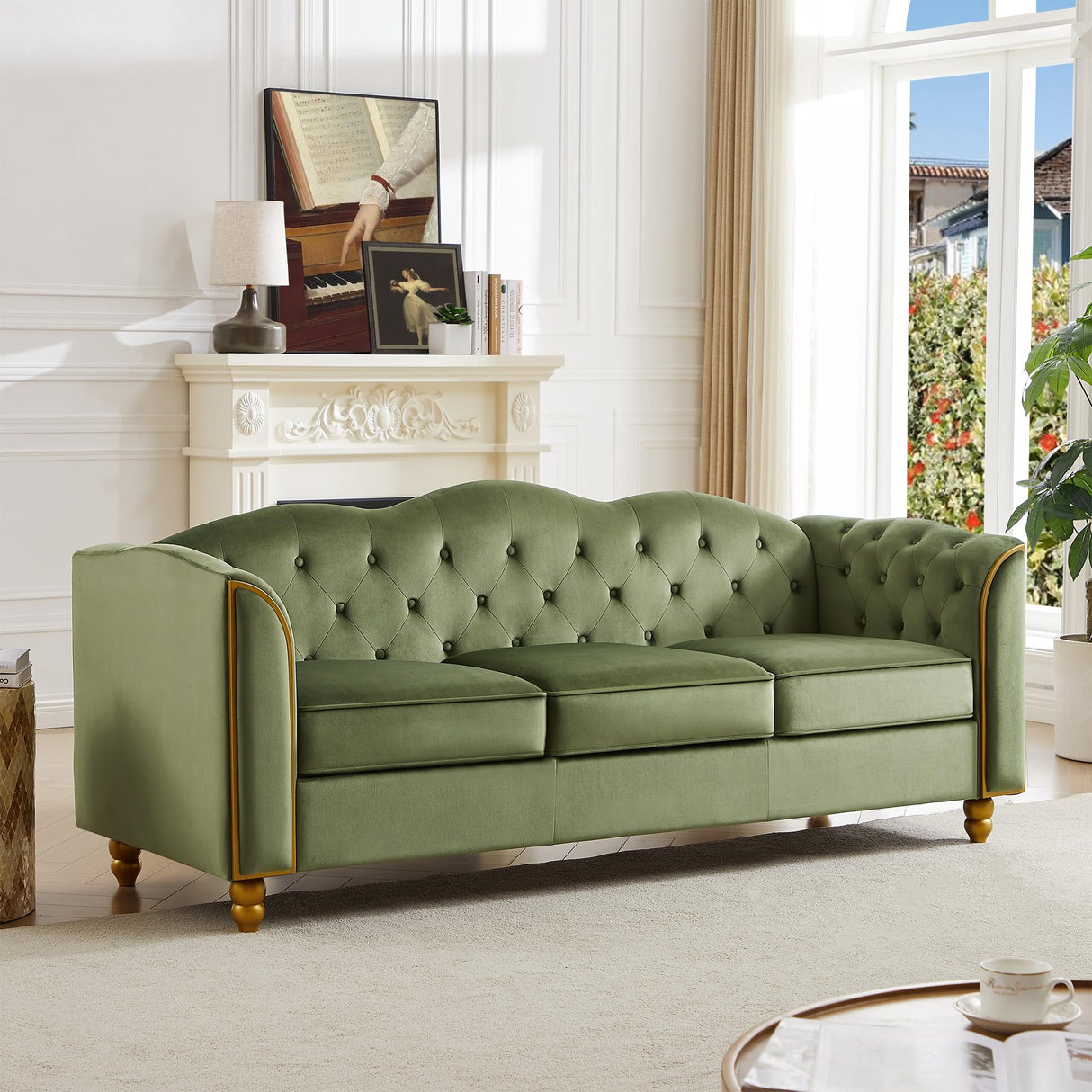 HITHOS 78" Velvet Sofa Couch, Soft 3 Seater Sofa Couche for Living Room, Button Tufted Comfy Couch Modern Sofa with Upholstered Cushion, Gold Trim, Solid Wood Legs for Dorm Bedroom Apartment, Green HITHOS