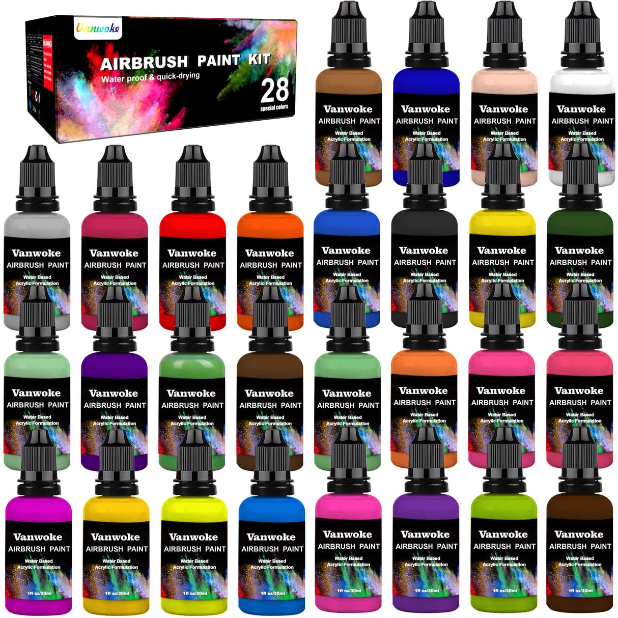 Airbrush Paint 28 Colors Water-Based Acrylic Airbrush Paint Set Ready To Spray For Nails Artists Diy Hobbyist And Beginners Painting Supplies Includes Metallic Neon Colors (30 ml/1 oz) Vanwoke