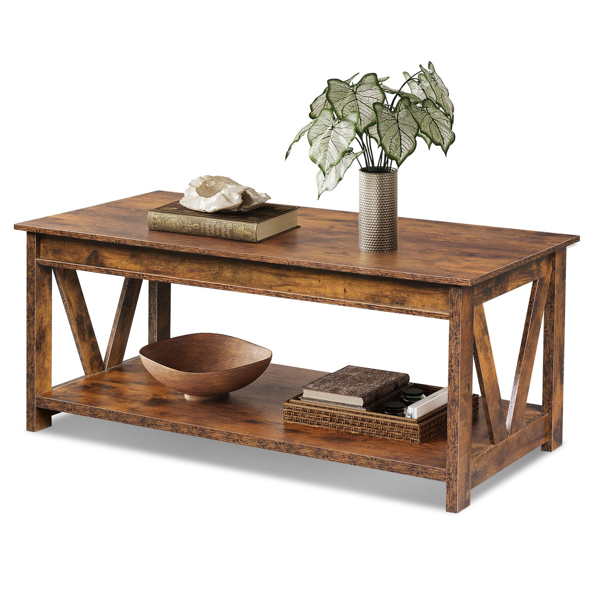 WLIVE Farmhouse Coffee Table,Living Room Table with Storage,43 in Wood Center Table with V-Shaped Frame for Home Office,Apartment,Rustic Brown WLIVE