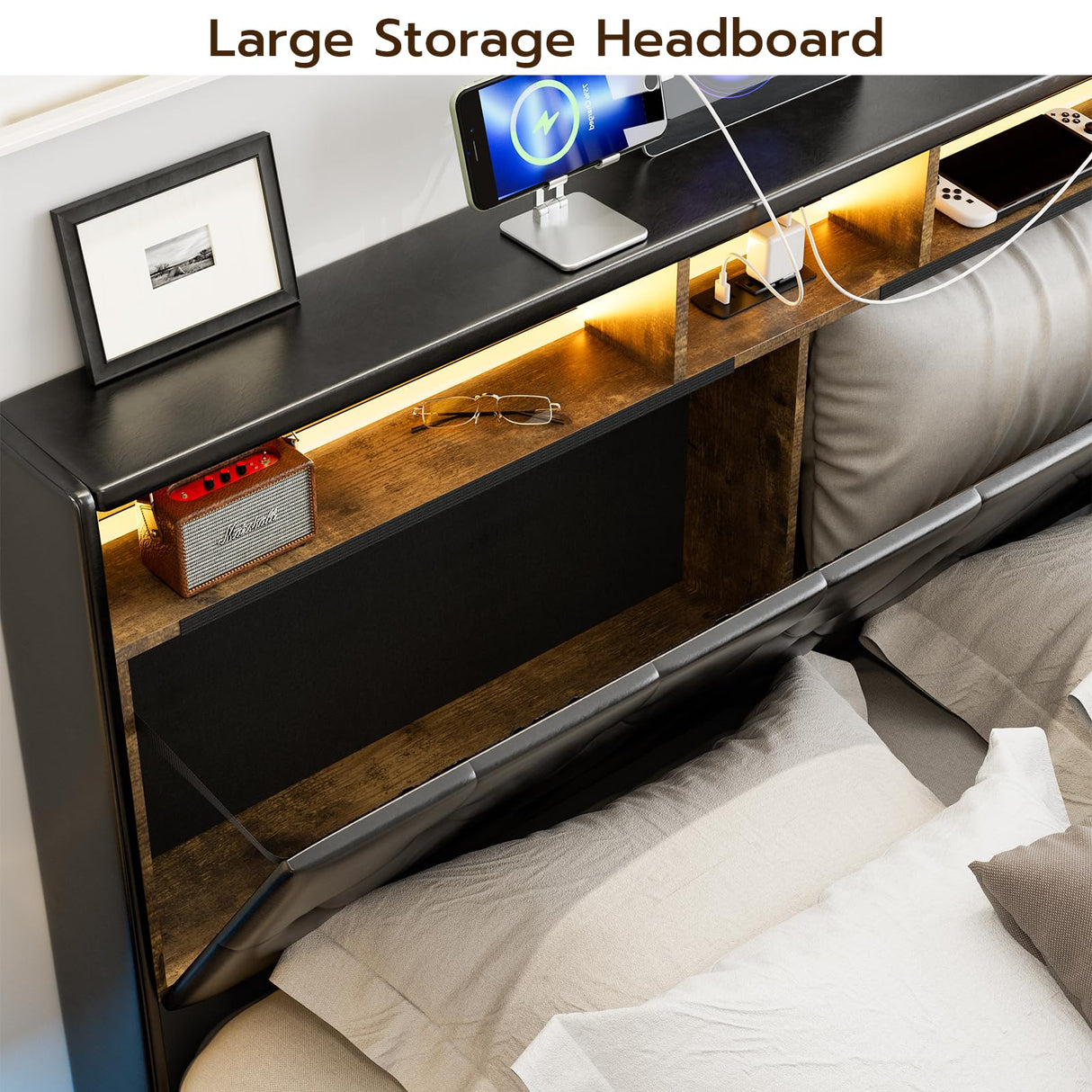 IKIFLY Queen Bed Frame with 4 Drawers, Storage Headboard, LED Lights & Charging Station in Black IKIFLY