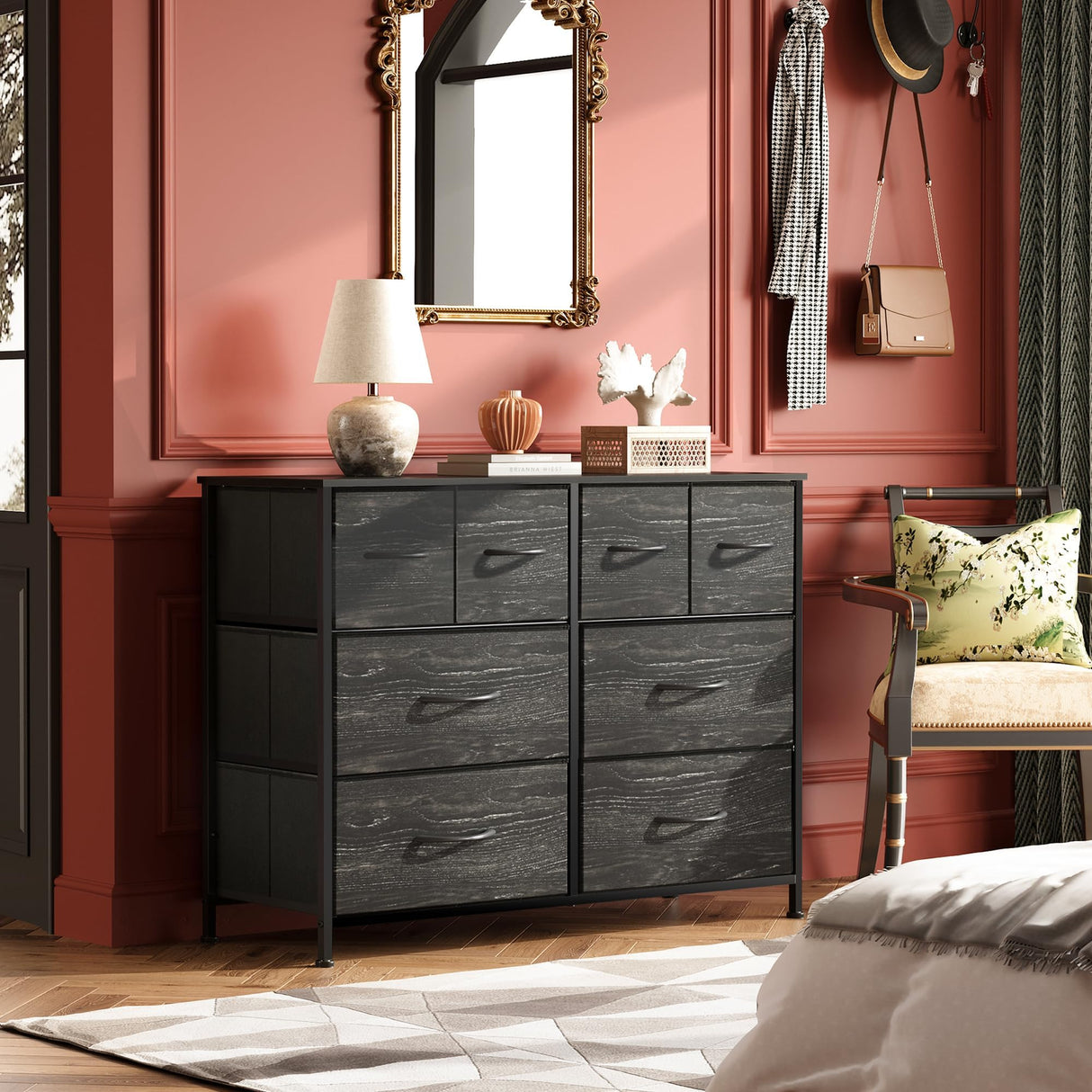 WLIVE Dresser for Bedroom with 8 Drawers, Wide Fabric Dresser for Storage and Organization, Bedroom Dresser, Chest of Drawers for Living Room, Closet, Hallway, Charcoal Black Wood Grain Print WLIVE