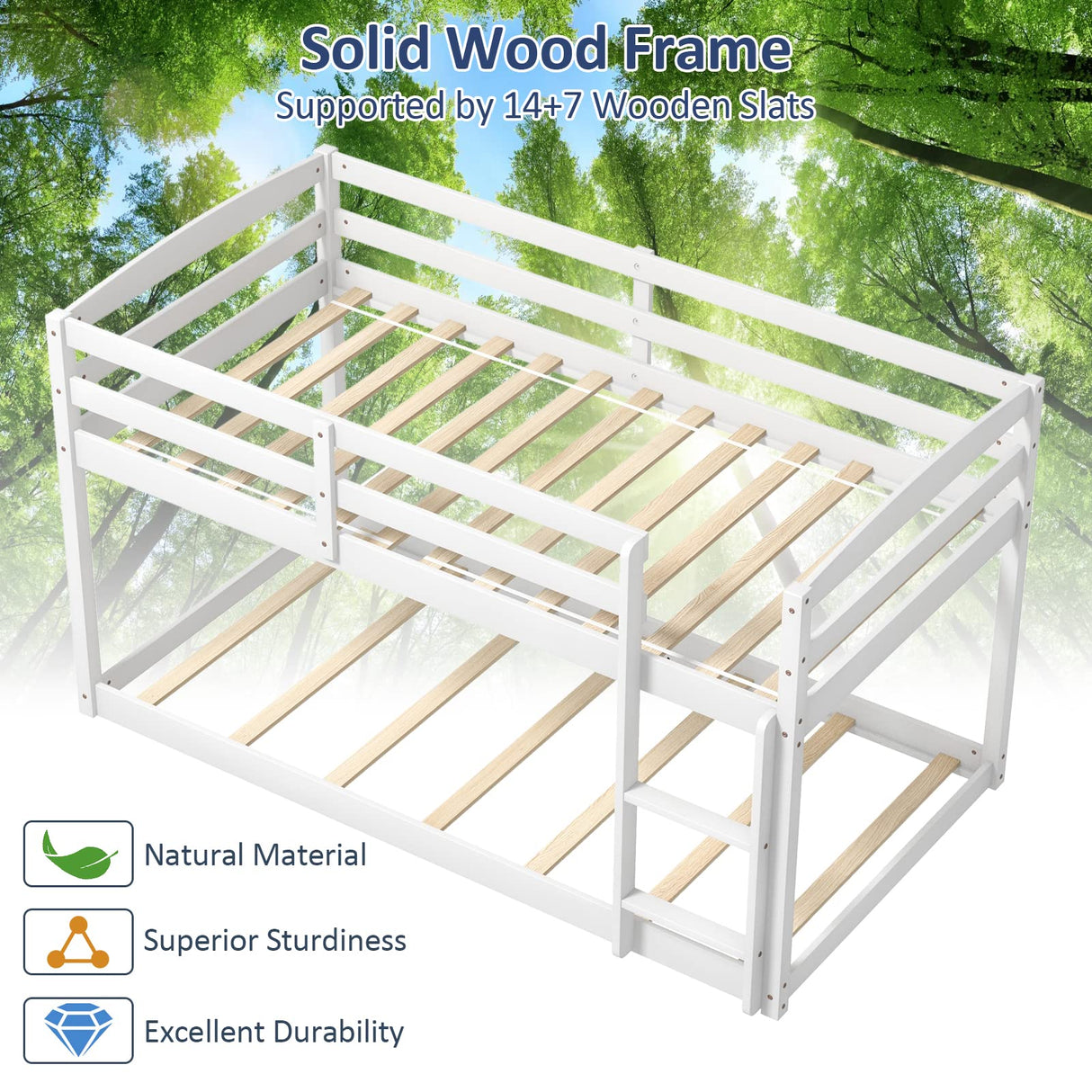 Giantex Twin Low Bunk Bed Frame - Solid Wood Twin Over Twin with Full Guardrails & Integrated Ladder, Space-Saving Design, White Giantex