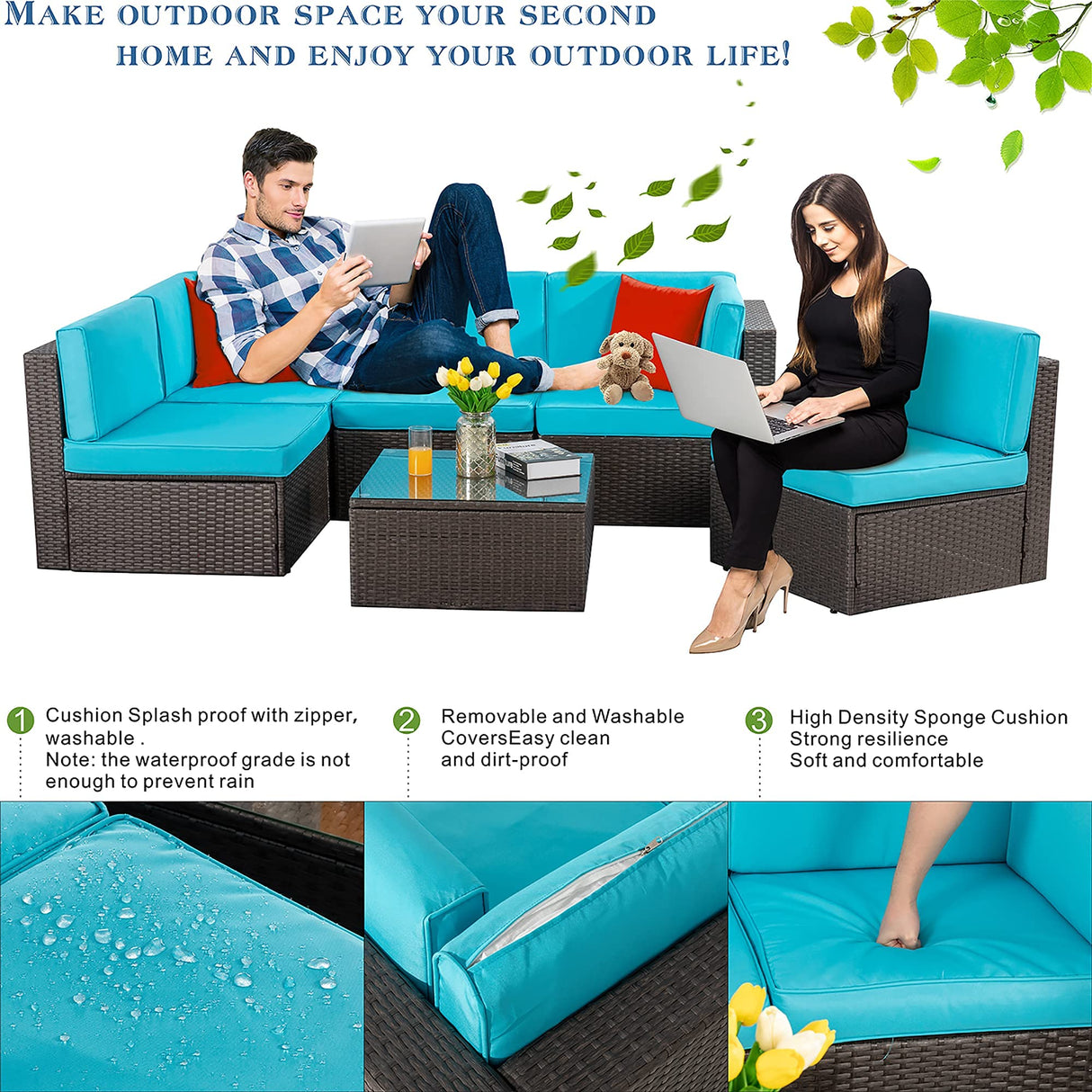 Vongrasig 6 Piece Small Patio Furniture Sets, Outdoor Sectional Sofa All Weather PE Wicker Patio Sofa Couch Garden Backyard Conversation Set with Glass Table,Blue Cushions and Red Pillows (Blue) Vongrasig