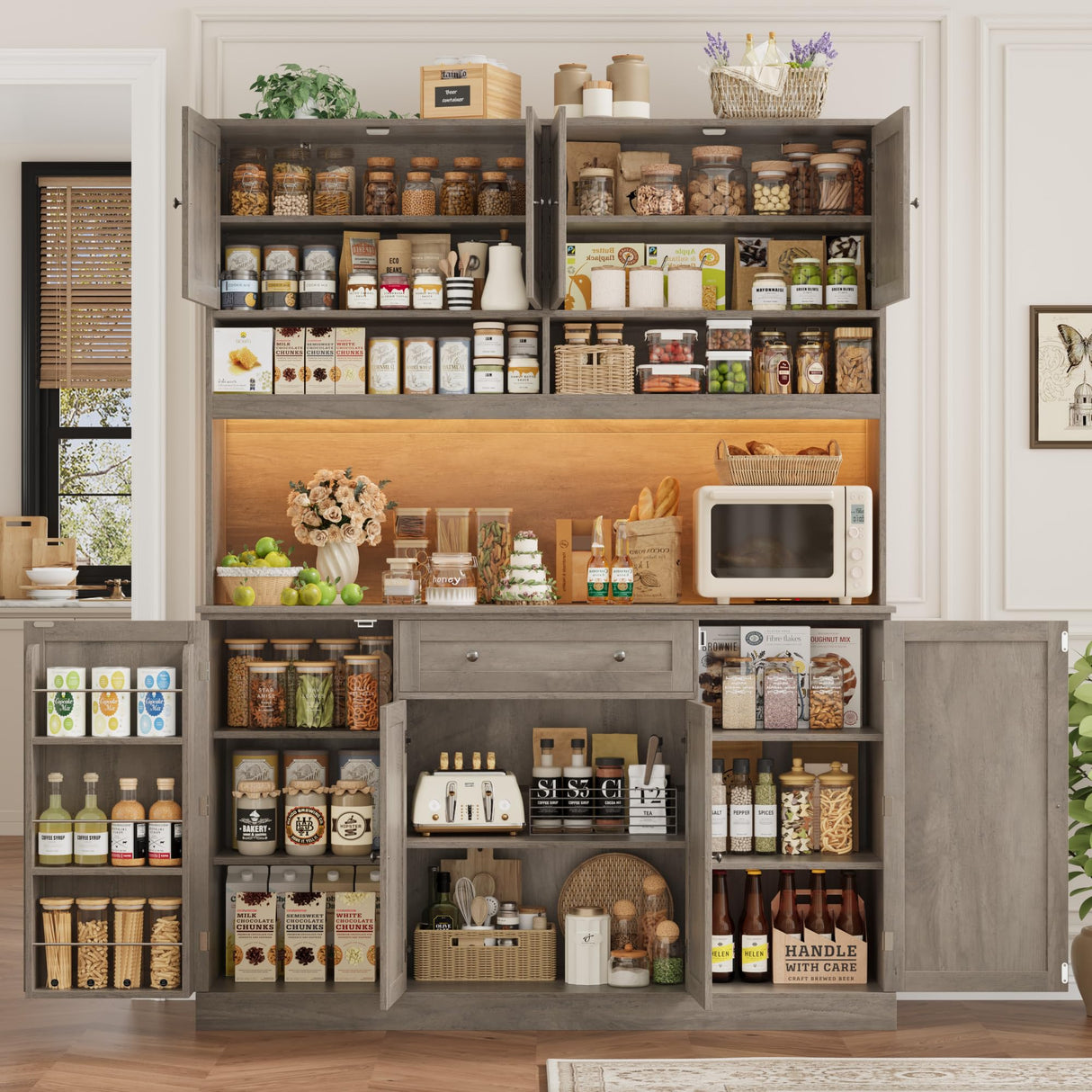 HIFIT 72.8” Tall Kitchen Pantry Cabinet with LED & Charging Station, 55” Wide Farmhouse Pantry Storage Cabinet with Microwave Stand&Shelves&Barn Doors, Kitchen Hutch Coffee Bar for Living Room, Grey HIFIT