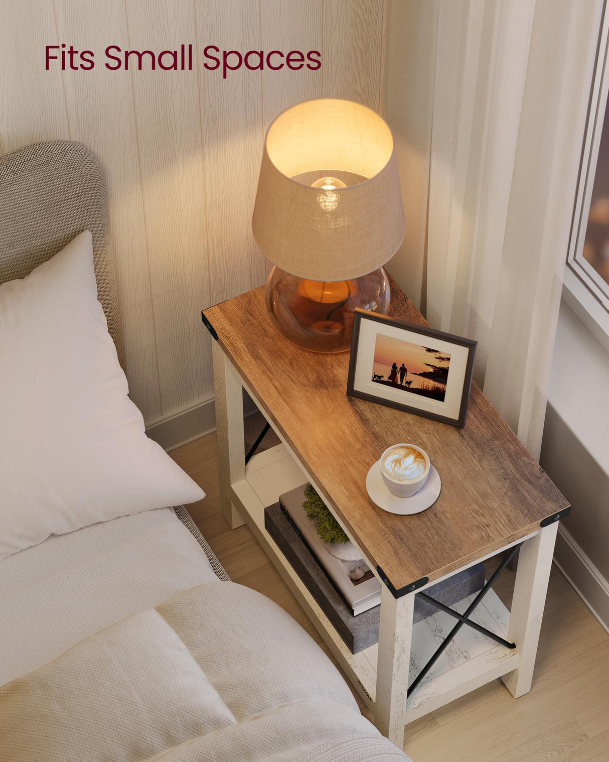 VASAGLE 2-Tier End Table, Side Table with Bottom Shelf, Nightstand for Small Spaces, for Living Room, Bedroom, Farmhouse Style, Rustic White and Honey Brown ULET235W01 VASAGLE