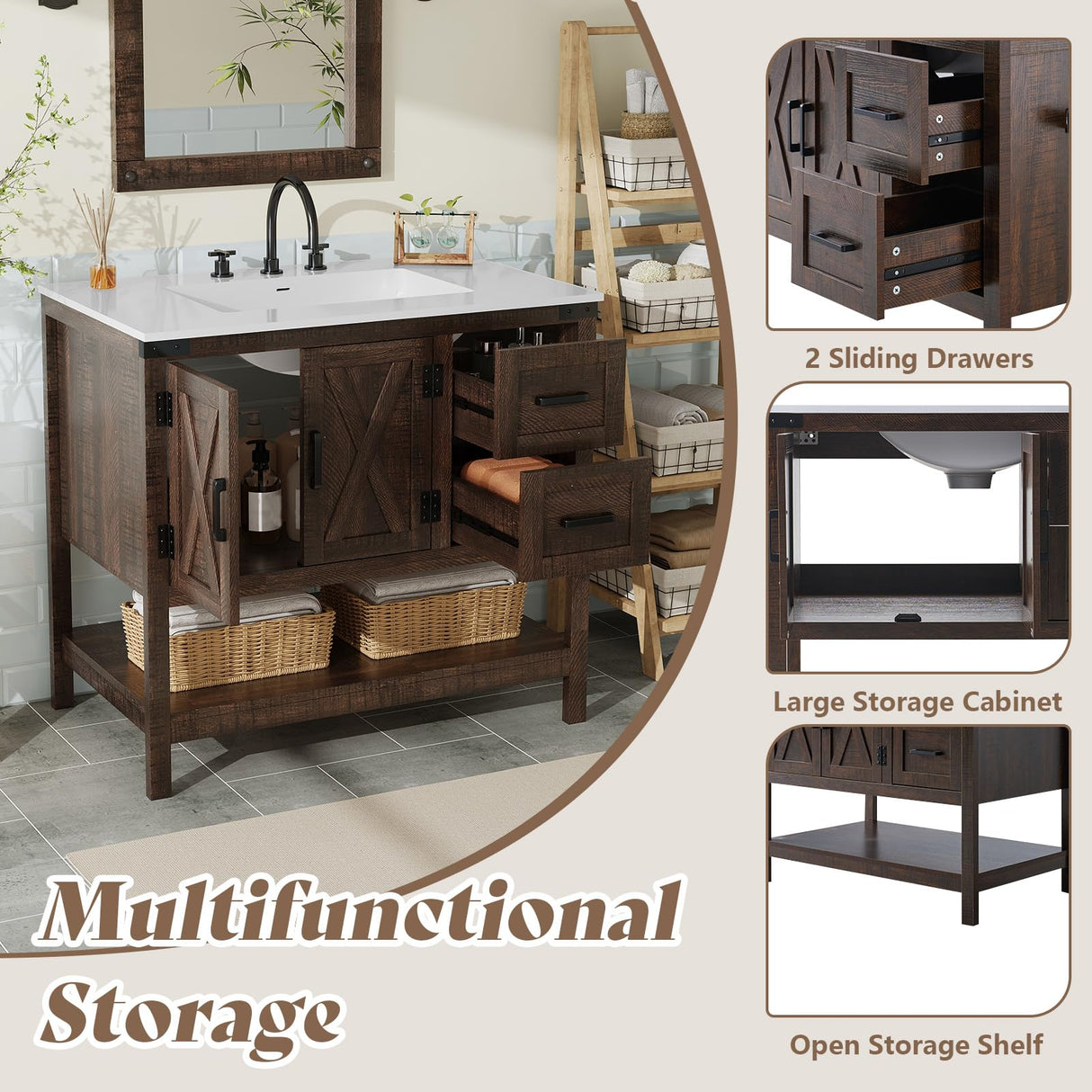 AMERLIFE 36" Farmhouse Bathroom Vanity with Sink Combo, Freestanding Small Single Wood Barn Door Bath Storage Cabinet Set with Sliding Drawers & Open Shelf, Paper Towel Holder, Rustic Brown AMERLIFE