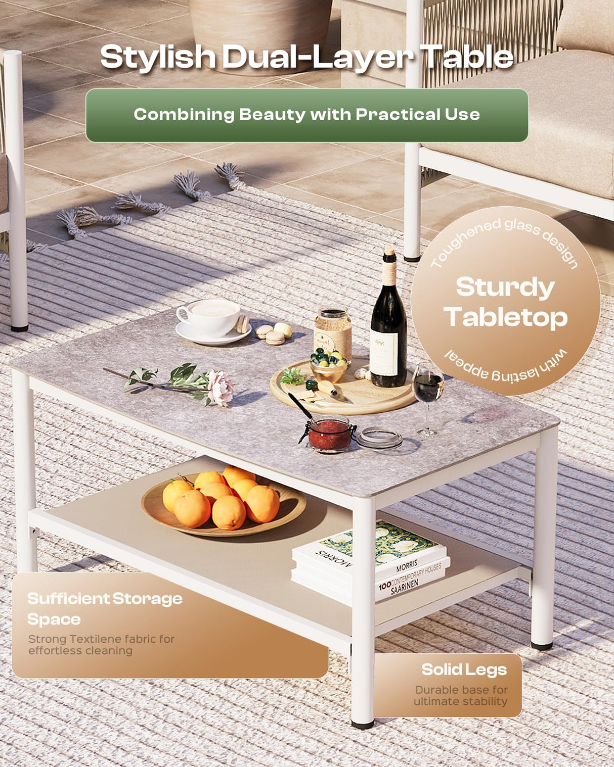 Oasbira Aluminum Outdoor Patio Furniture Set, HDPE Rope 5 Piece Modern Sectional Conversation Sets with Dual-Layer Coffee Table, All Weather Patio Couch Sofa with Thick Cushions, White Frame, Ivory Oasbira