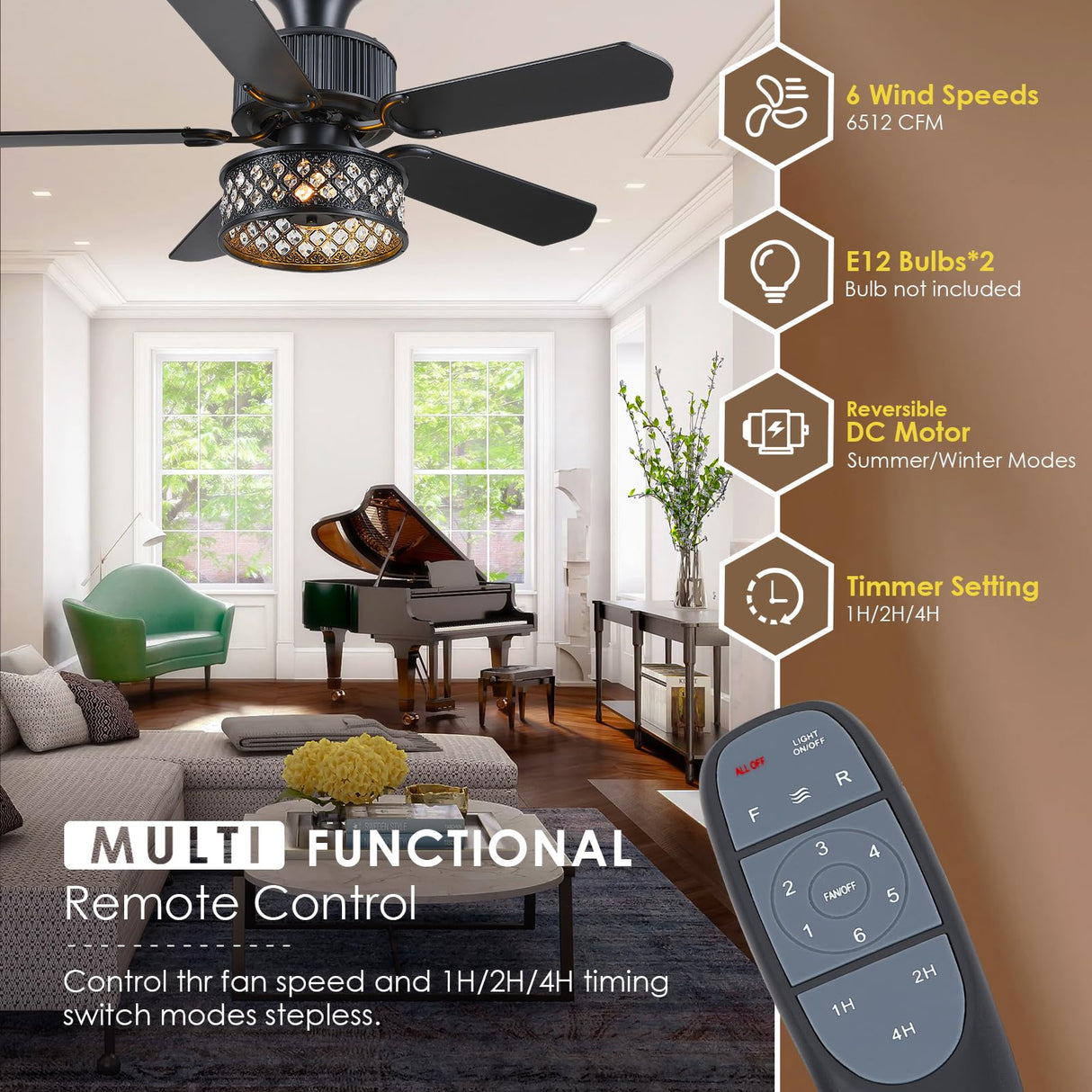 Danilong 42" Ceiling Fans with Lights and Remote, Retro Low Profile Flush Mount Ceiling Fans with Crystal Cage, 6 Speeds Reversible Dual Finish Wooden Blades Fandelier for Kitchen Bedroom Dining Room Dannilong