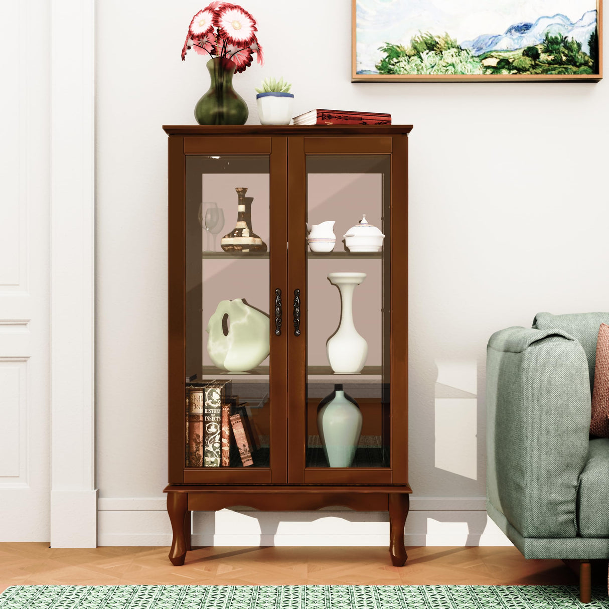 Dolonm Curio Cabinet with Tempered Glass Doors, Curio Cabinets with Mirrored Back Panel and Adjustable Shelves, Lighted Display Cabinet for Home, Dolonm