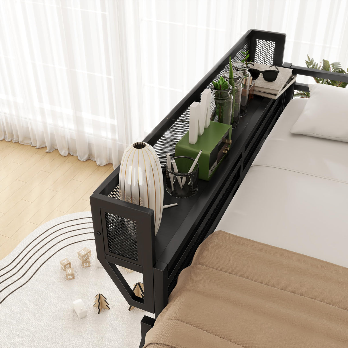 SOFTSEA Queen Size Loft Bed with Storage Shelf, Metal Loft Bed Frame with Ladder and Under-Bed Space for Adults Teens Kids, Space Saving, Heavy-Duty, Black SOFTSEA