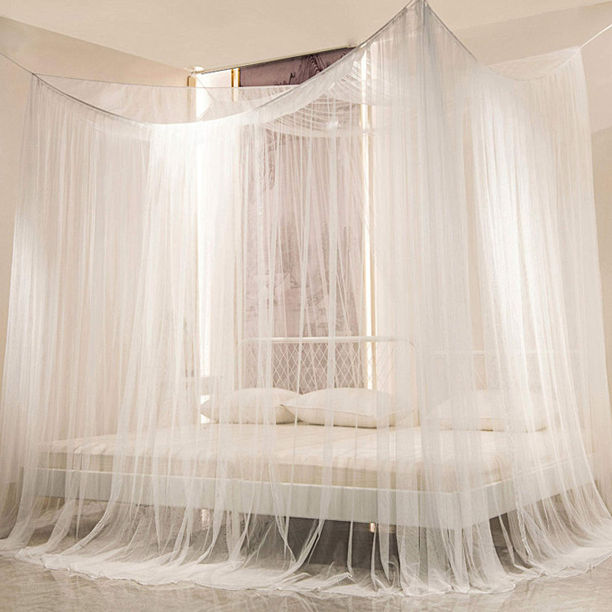 Twinkle Star 4 Corner Post Bed Canopy, Elegant Curtain Net for Full/Queen/King Size Bed (White) Twinkle Star
