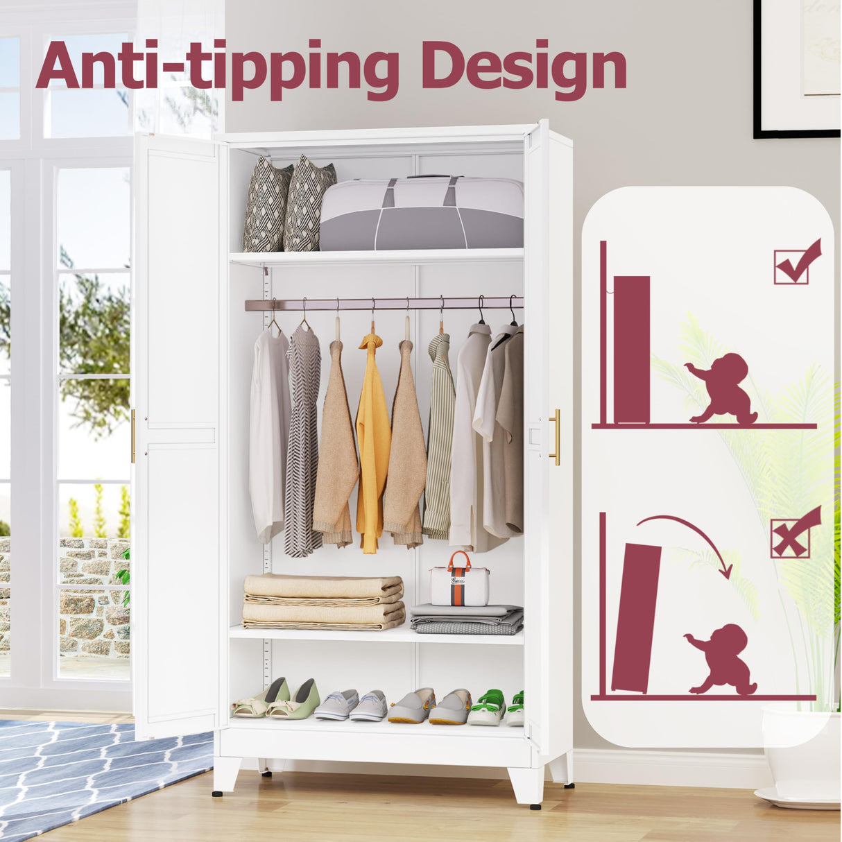 GAIOUS Metal Wardrobe Cabinet with Hanging Rod, 71" Metal Clothing Storage Cabinets with 2 Doors and Adjustable Shelves, White Armoire Wardrobe Closet for Bedroom, Laundry Room, Cloak Room GAIOUS