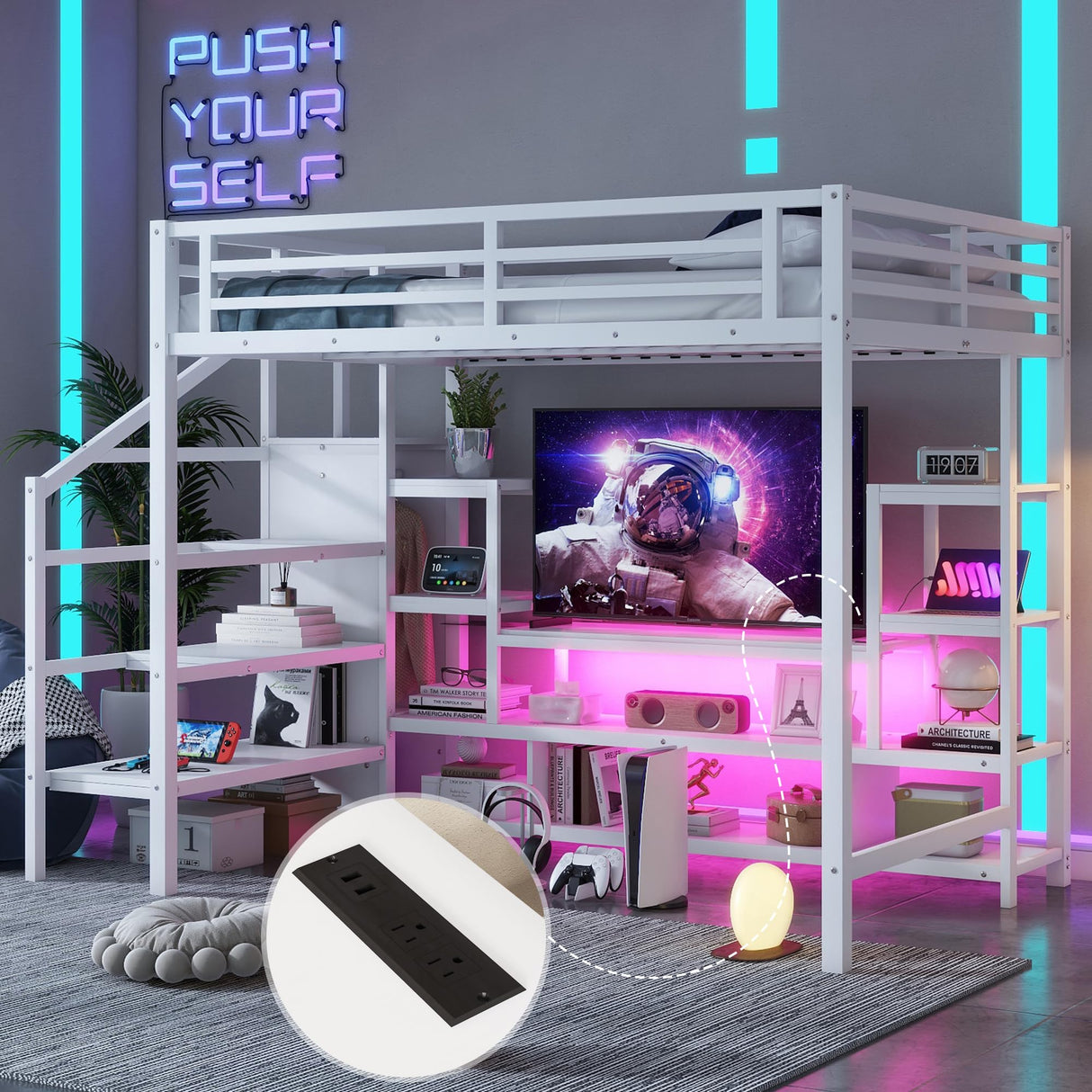 Full Size Loft Bed with LED Light & TV Table, High Loft Beds with Charging Station & Storage Bookcase, Wardrobe, Heavy-Duty Metal Lofts Frame with Stairs for Kids, Teens & Adults Dorms, White Mirightone