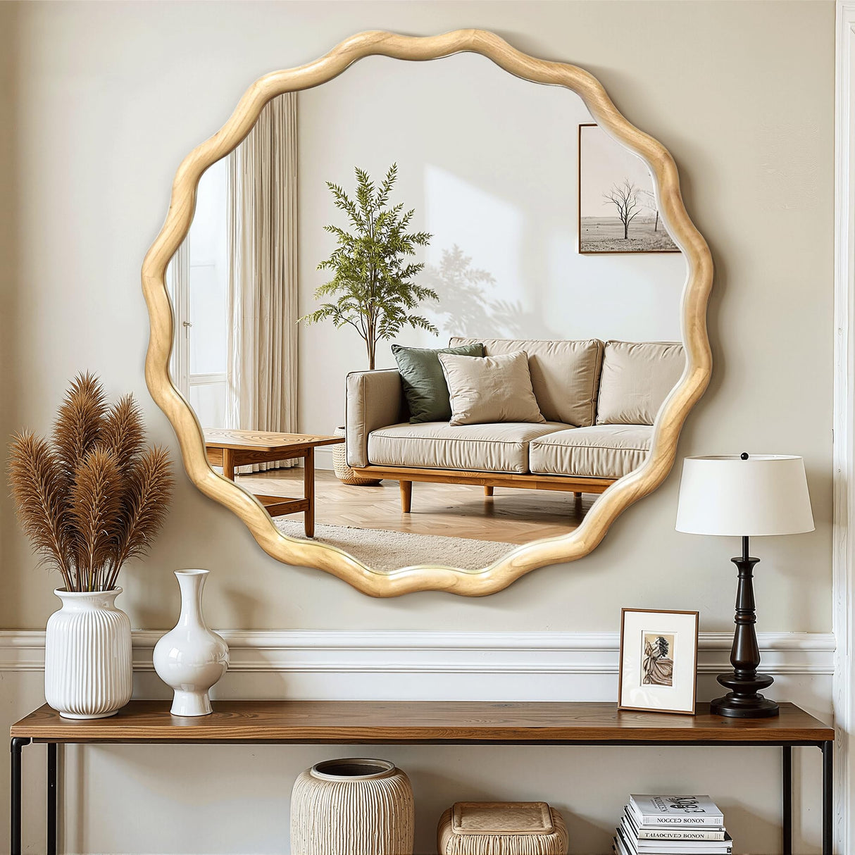 Circle Wood Mirrors for Wall, Wavy Round Bathroom Scalloped Mirror Wooden Frame 24 Inch for Living Room Farmhouse Bedroom Hallway Entryway Living Room with Shatterproof Glass Wall Mounted FGU