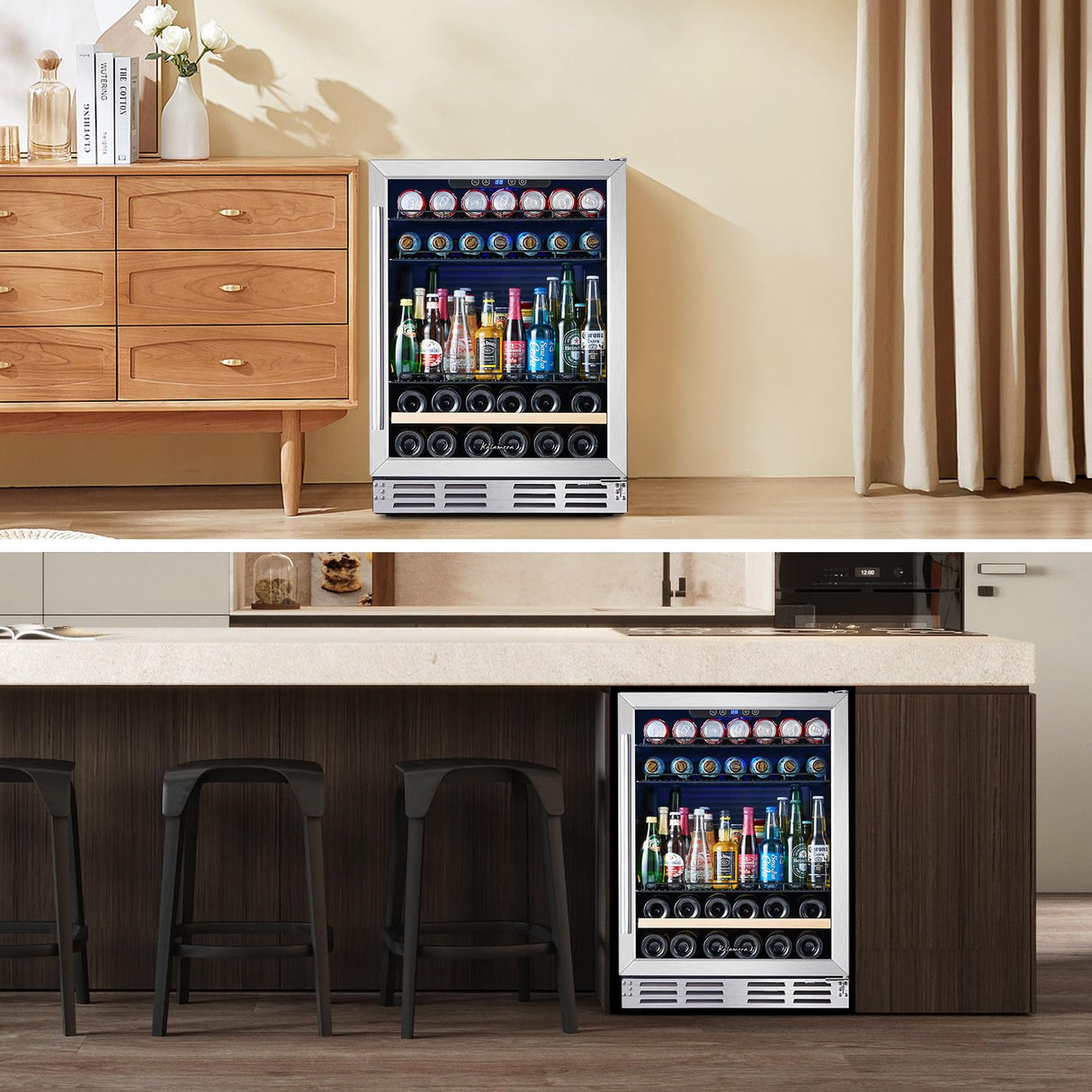 Beverage Fridge 24 Inch Beverage and Wine Cooler Built-in or Freestanding - 120 Cans & 16 Bottles Capacity Wine Refrigerator Cooler Kalamera