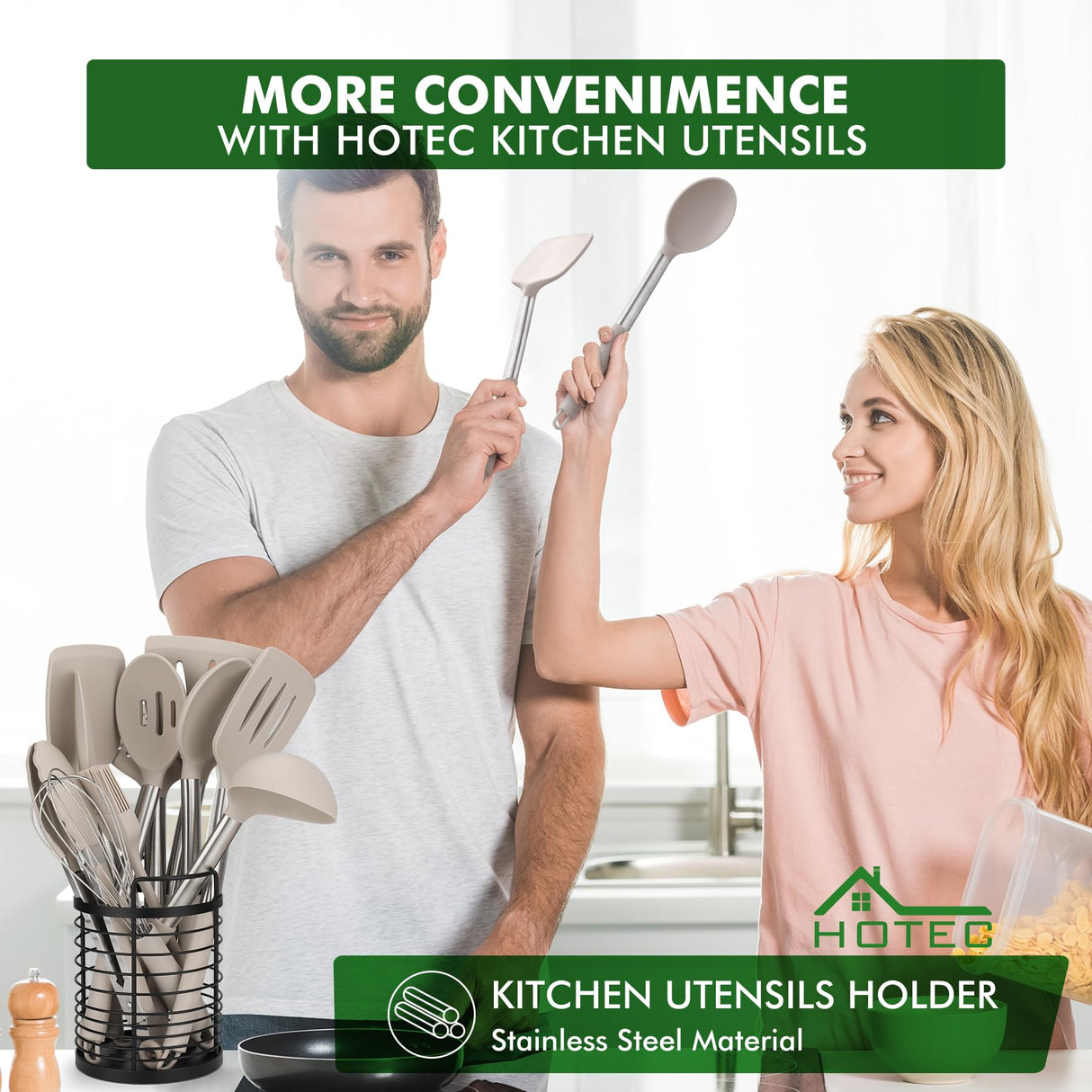 HOTEC Heat Resistant Silicone Kitchen Utensils, Cooking Utensil Set, Spatula Set, BPA Free, Kitchen Gadgets, With Stainless Steel Utensils Holder, Dishwasher Safe 14pcs Khaki HOTEC