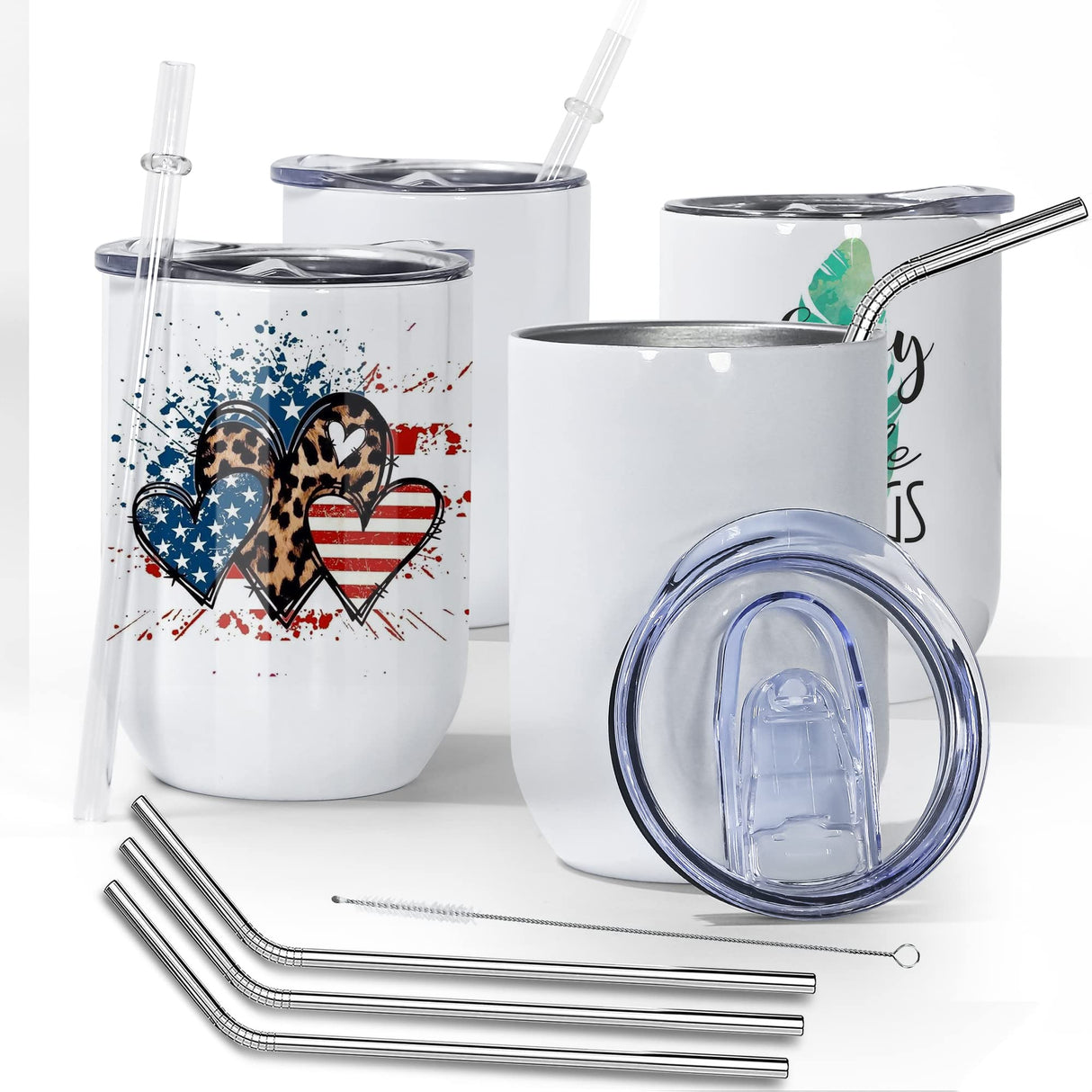 AGH 12 oz Sublimation Wine Tumblers Blanks, 4PCS Straight Stainless Steel Insulated Mug for Full Wrap Heat Transfer, Spill-proof Sliding Lid Stainless Steel Straw for Coffee Cocktails Drinks AGH