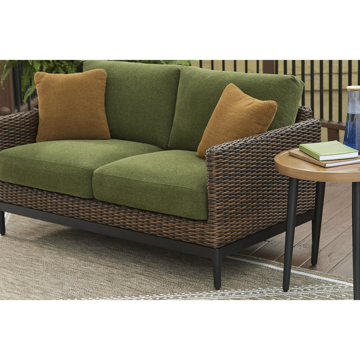 Signature Design by Ashley Horizon Hall Vintage Outdoor Weather Resistant Resin Wicker Loveseat with Cushion and 2 Accent Pillows, Green & Dark Brown Signature Design by Ashley