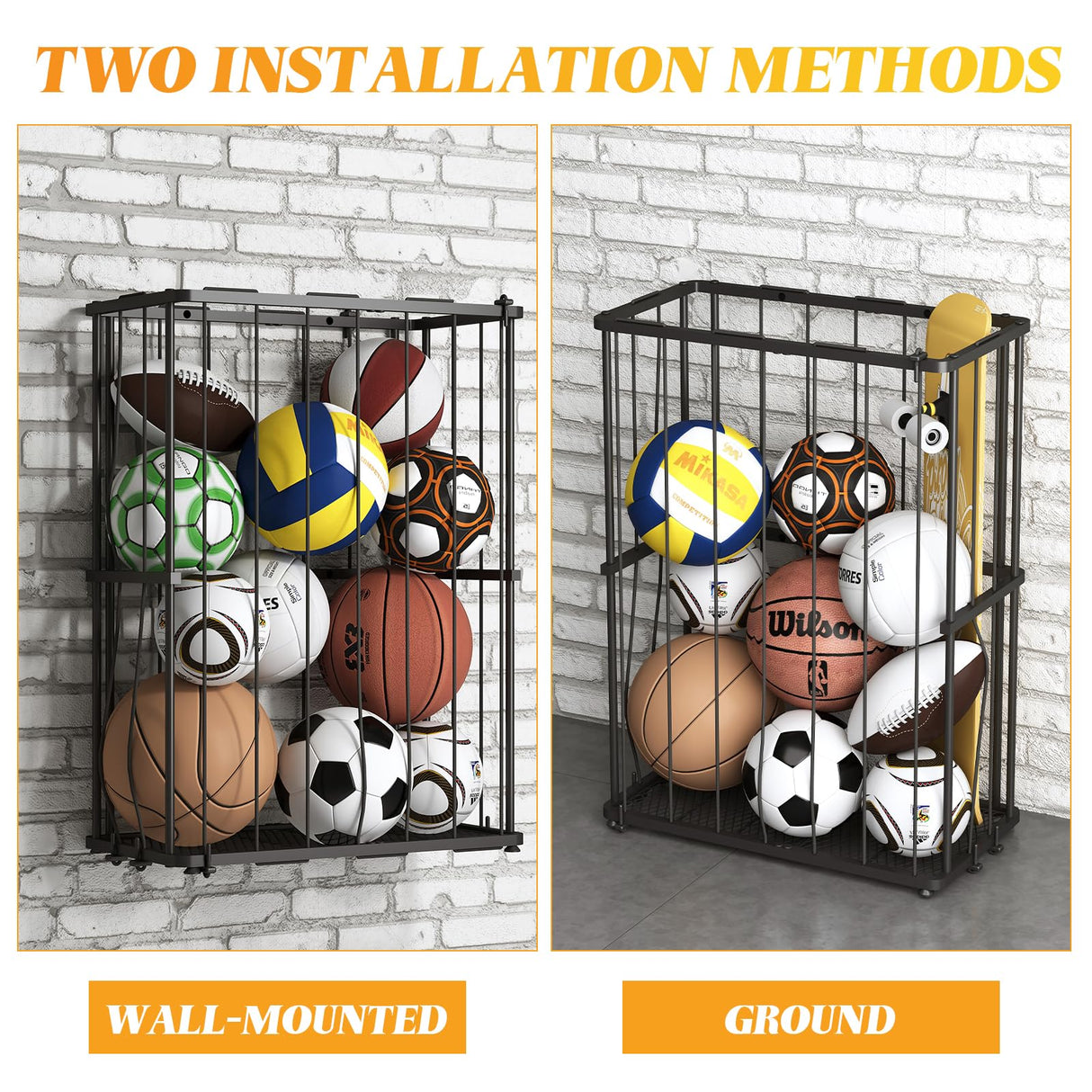 Garage Ball Storage Wall-Mounted & Floor Sports Equipment Organizer: Sports Ball Rack with Elastic Rope, Holder for Basketball, Soccer, Volleyball, Football, Garage, Gym, Black(Patent Pending) Hencawima