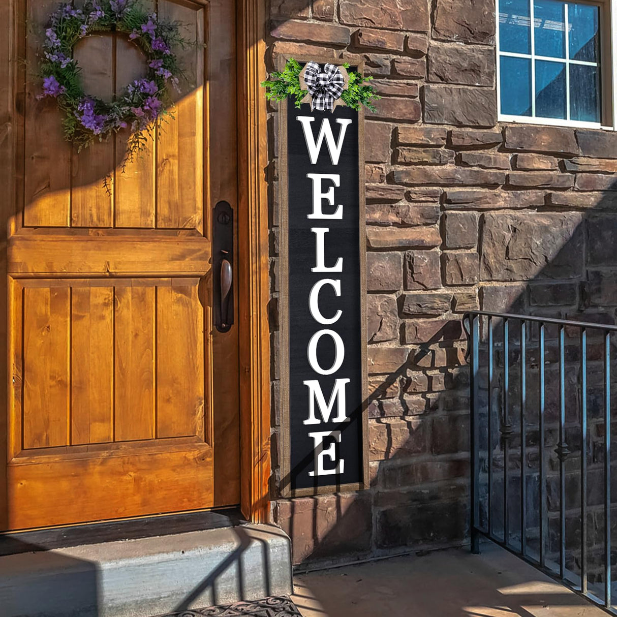 3D Outdoor Welcome Sign for Front Porch Standing 45"X9" Large Rustic Farmhouse Leaner Tall Vertical Soild Wooden Framed Plaque Modren Beautiful Outside Home Front Door Decorations (Wood Black) Foutcheou