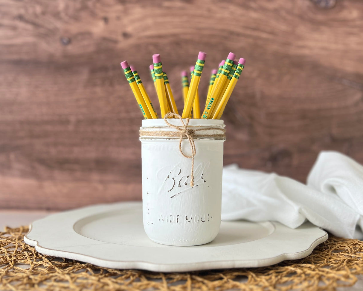 White Mason Jar Decor, Make Up Brush Holder for Vanity, White Painted Mason Jars for Centerpieces, Wide Mouth Pint 16 oz Mason Jar, White Mason Jar Centerpiece for Table, White Pen Holder for Desk Viva's Flower Shop