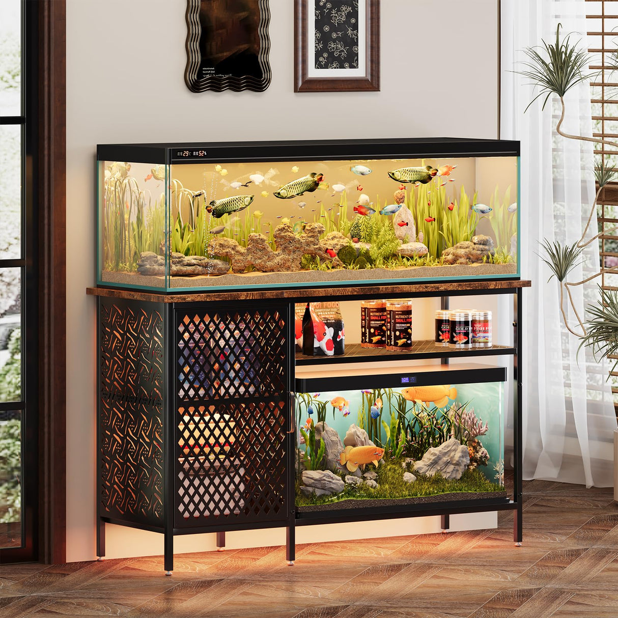 Annualring 55-75 Gallon Fish Tank Stand with Movable Power Cord& LED Light,Metal Aquarium Stand with Storage Cabinet,Large Fish Tank,Turtle and Reptile Terrarium,1000LBS Capacity, Black Annualring