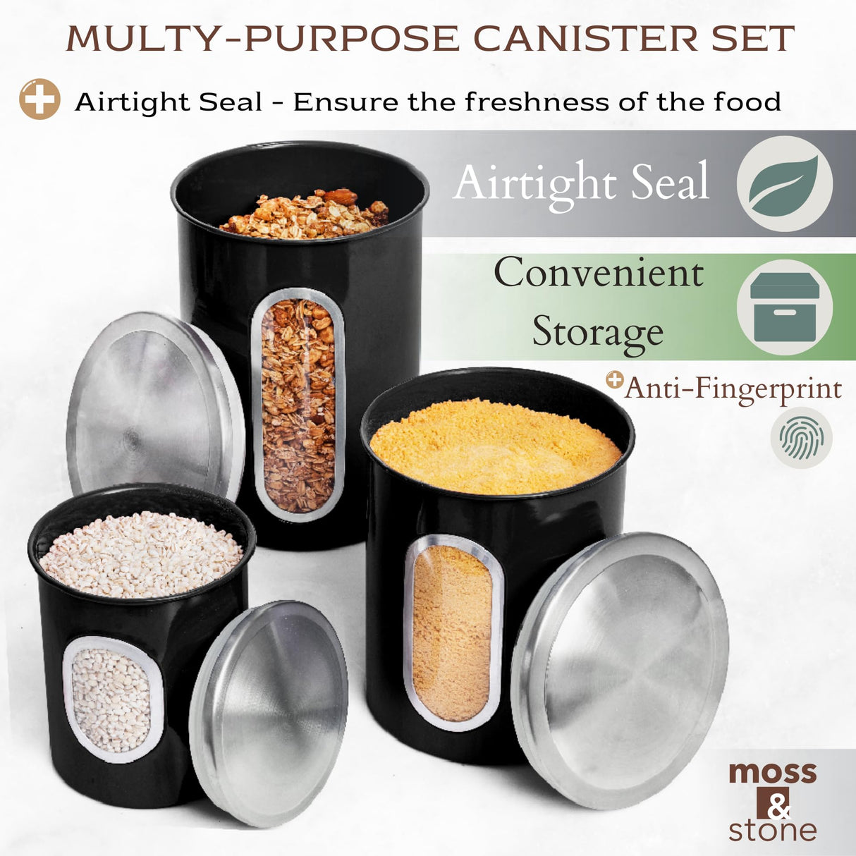 Moss & Stone 3 Piece Black Canisters Sets For The Kitchen, Airtight Canister Set With See Through Window, Airtight Coffee Container, Tea Organizer & Sugar Canisters, Black Kitchen Canisters Set of 3 Moss & Stone