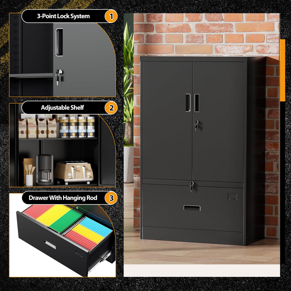 INTERGREAT Metal Storage Cabinet,Metal File Cabinet with Lockable Doors and Adjustable Shelves,Pantry Storage Cabinets for Garage,Home Office,Kitchen(Black) INTERGREAT