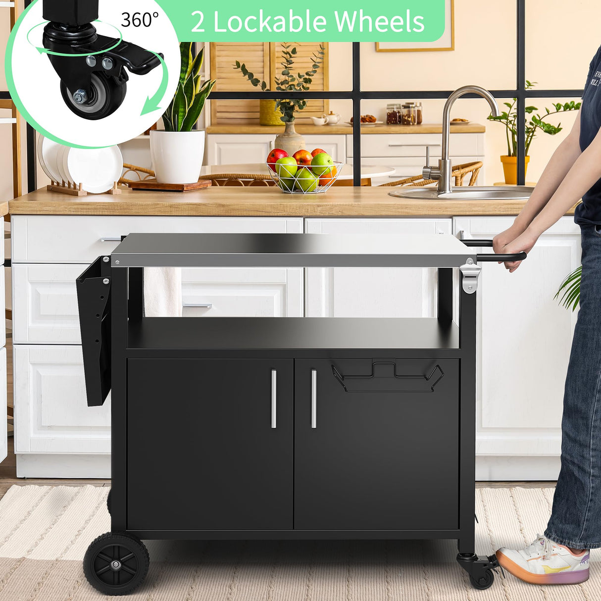 Shintenchi Outdoor Grill Cart Table with Stainless Steel Top for Kitchen Prep and BBQ, Outdoor Kitchen Island Table with Side Handle, Multifunctional Outdoor Grill Table, Black Shintenchi