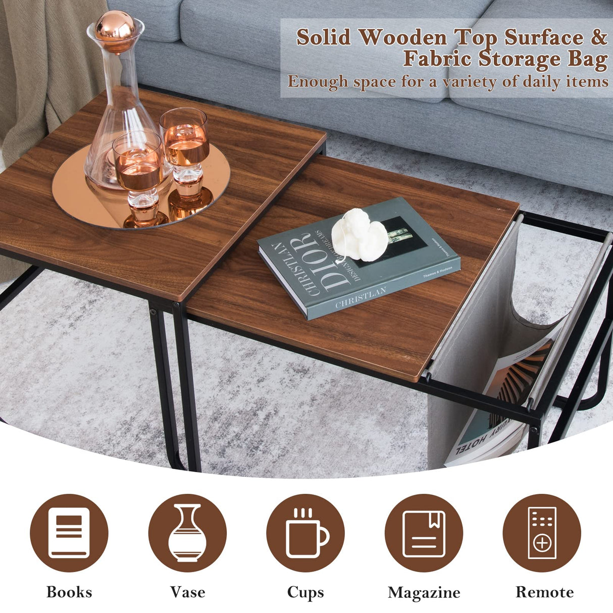 Giantex Nesting Coffee Table Set of 2, Stackable Side Table w/Side Pocket, Accent Nightstand, Industrial End Table w/Steel Frame for Living Room Bedroom Office, Easy Assembly, Rustic Brown Giantex