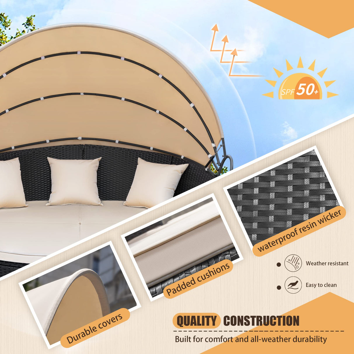 KaiMeng Patio Furniture Round Outdoor Daybed with Retractable Canopy Wicker Rattan Sectional Sofa for Lawn Garden Backyard Pool (Beige) KaiMeng