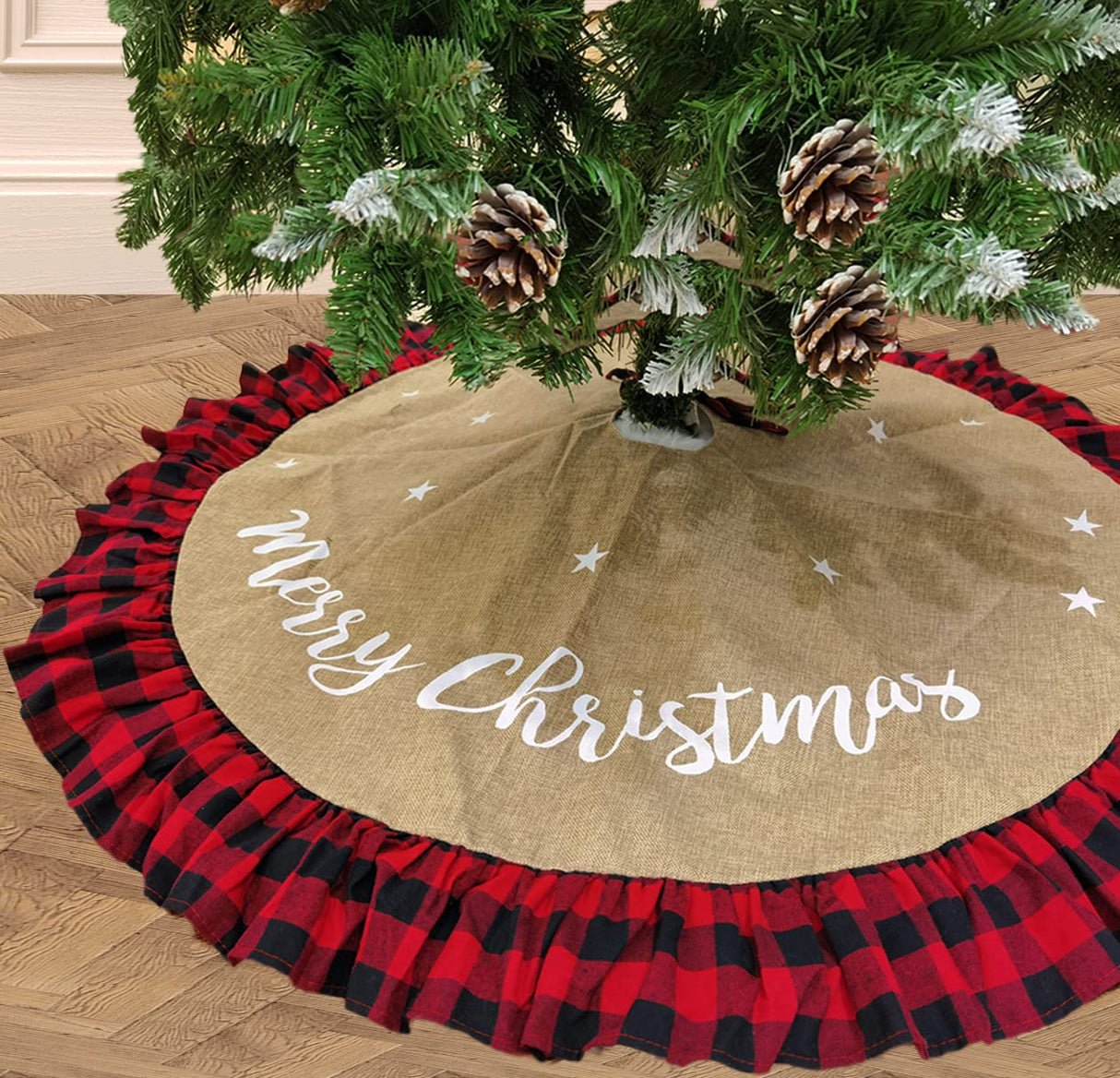 AISENO 48 Inch Christmas Tree Skirt Linen Burlap Buffalo Plaid Edge Decoration for Merry Christmas Party Red and Black Buffalo Christmas Tree Skirt Decorations AISENO